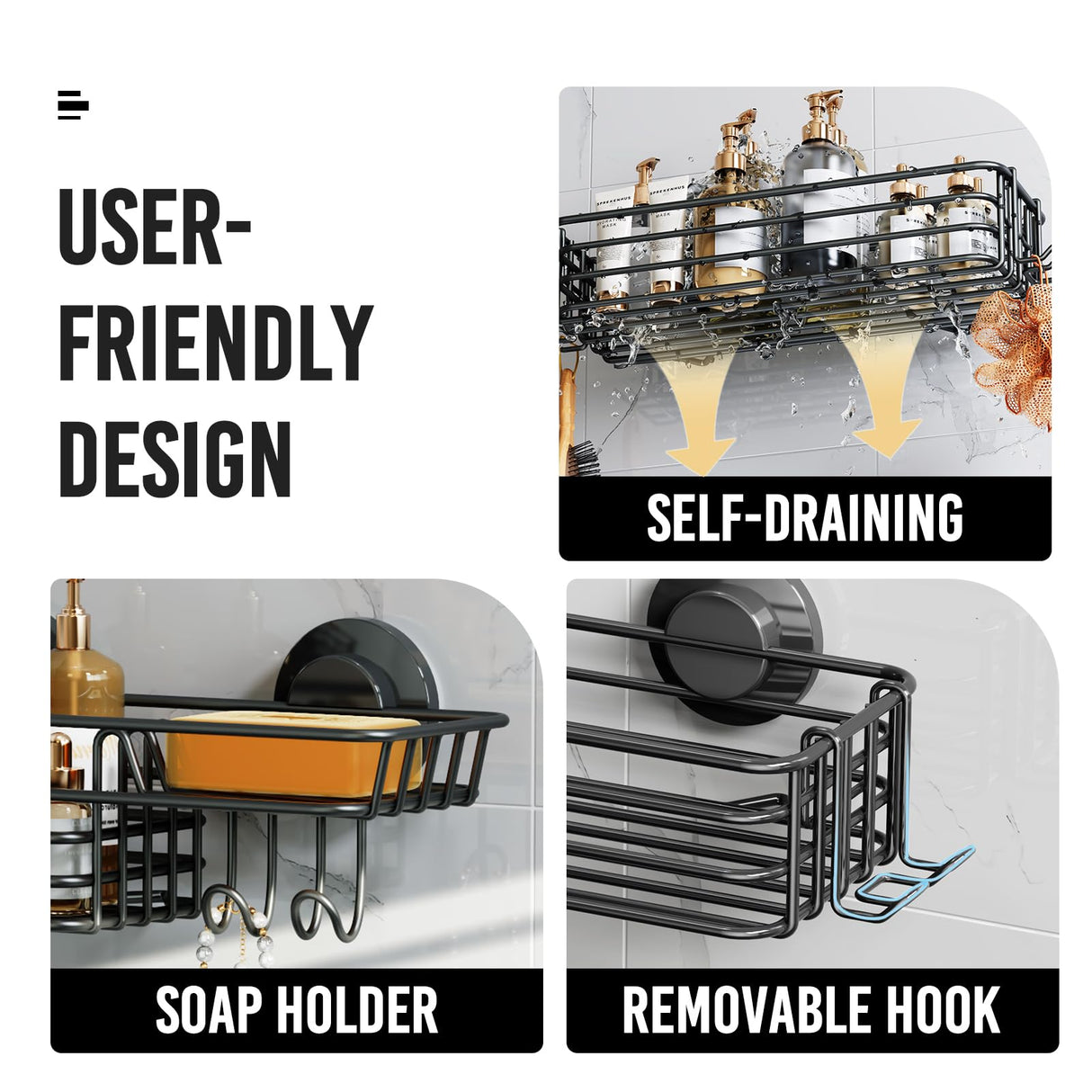 LEVERLOC Shower Caddy Suction Cup, 2 Pack suction shower shelf with Hooks & Soap holder, NO-Drilling Bathroom Holder, Rustproof bathroom organizer, Black LEVERLOC