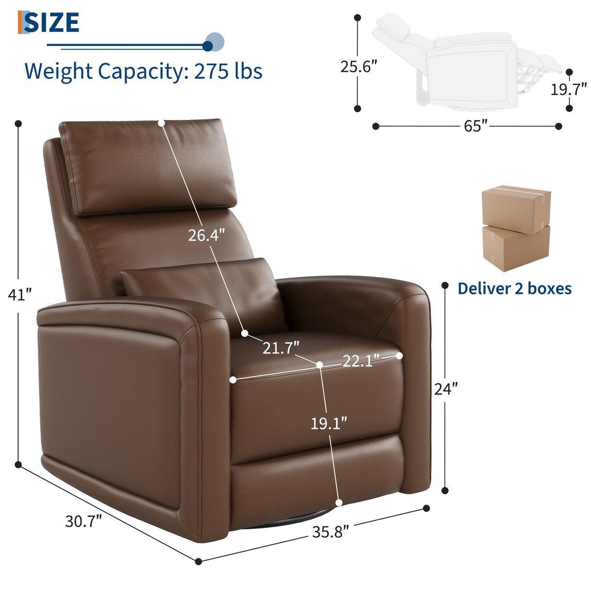 Adult Manual Recliner Chair, 360° Swivel Sofa Rocker, Faux Leather Single Sofa with Adjustable Backrest and Footstool, Modern Wingback Recliner with Hidden Pull Tabs, Living Room Armchair, Brown IDEALHOUSE