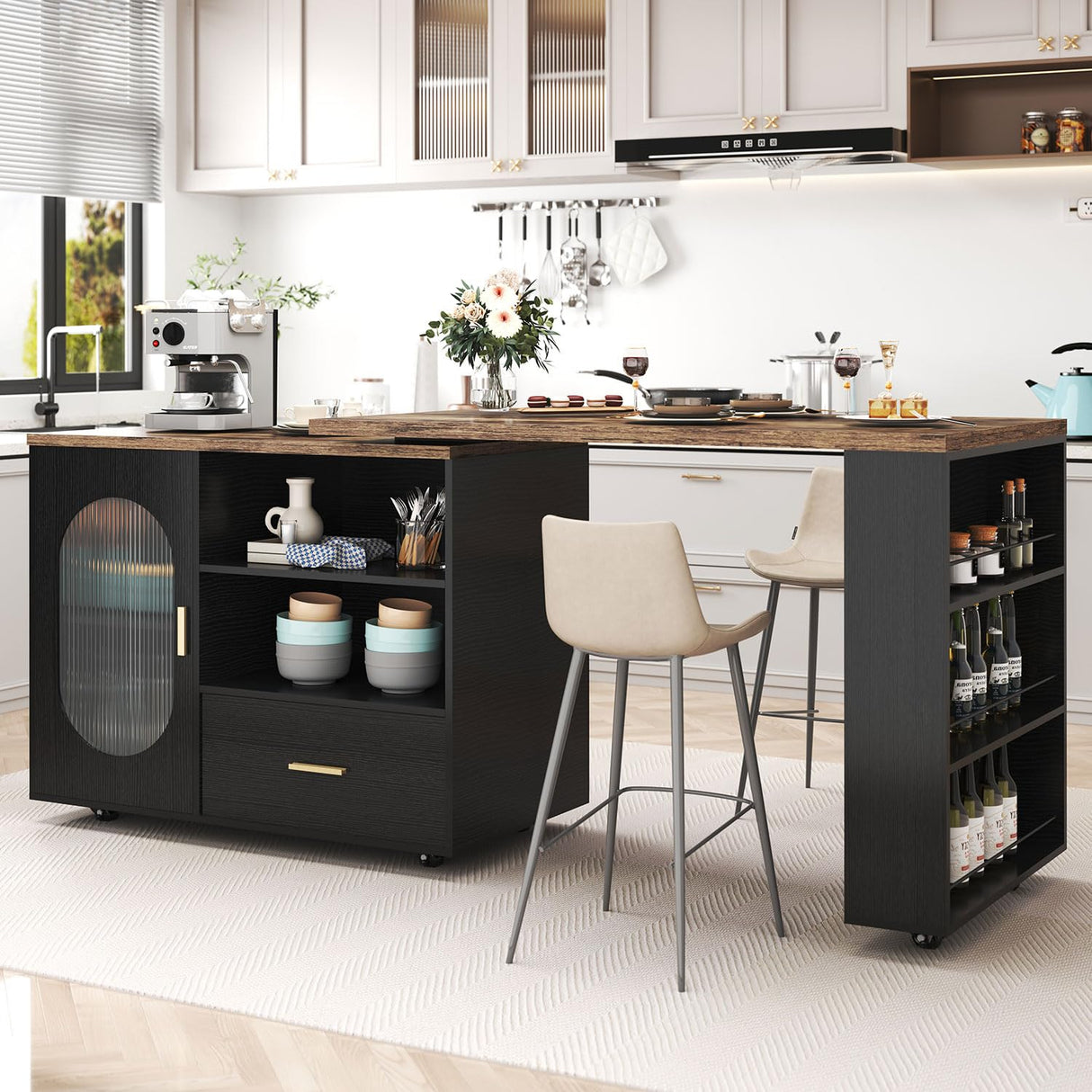 HSH 72" Rustic Kitchen Island with Storage, Mobile Farmhouse Kitchen Island Cart with Cabinet, Drawer & Shelves, Island Table on Wheels for Meal Prep, Dining Room & Home Bar, Rustic Brown & Black Oak HSH