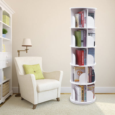 ZAWAYINE 5-Tier 360° Rotating White Bookshelf for Stylish Storage and Display