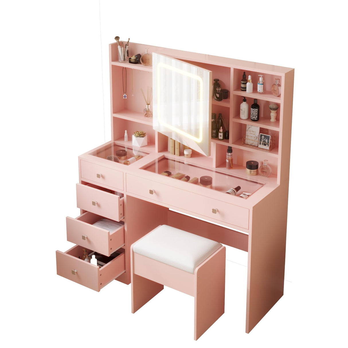 Karl home Makeup Vanity with Lighted Mirror Bedroom Vanity Desk with Charging Station Large Vanity Set with Transparent Desk, Drawers, Cabinet, Shelves for Storage in Bedroom, Light Pink Karl home