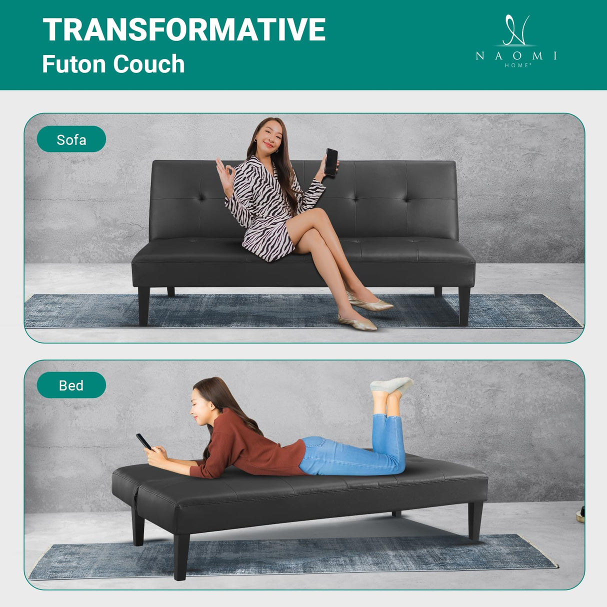 Naomi Home Black Futon Sofa Bed, Faux Leather Futon Couch, Black Sofa Bed Couch Convertible with Wooden Legs, Folding, Reclining Small Couch Bed, Button Tufted Futon Bed for Living Room Naomi Home