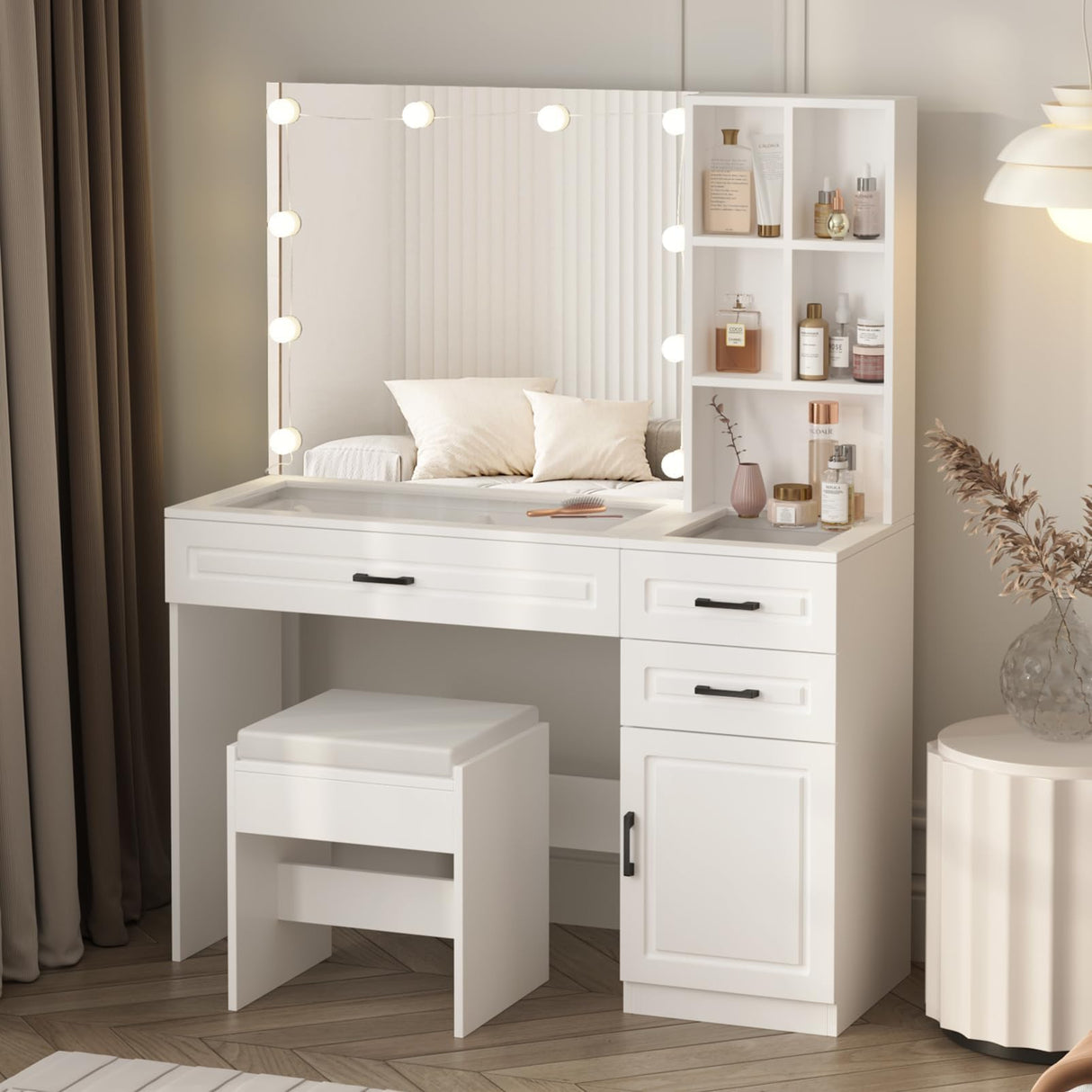 Vabches Vanity Desk Set with Lights and Mirror,White Makeup Desk with 3 Drawers & Storage Cabinet & Shelves,Glass Top Vanity Table Set with 10 Bulbs,3 Lighting Modes Adjustable Brightness Vabches