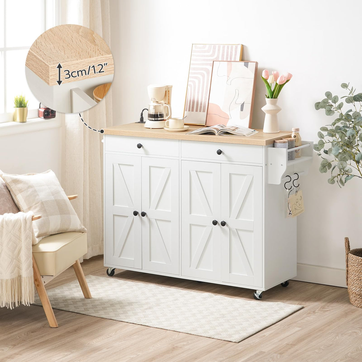 HOOBRO 43.3 Inch Kitchen Island with Charging Station, Rolling Kitchen Island with Storage, Kitchen Island Cart with Spice Rack and Hooks, for Kitchen, Living Room, White and Natural WN11UZD01 HOOBRO