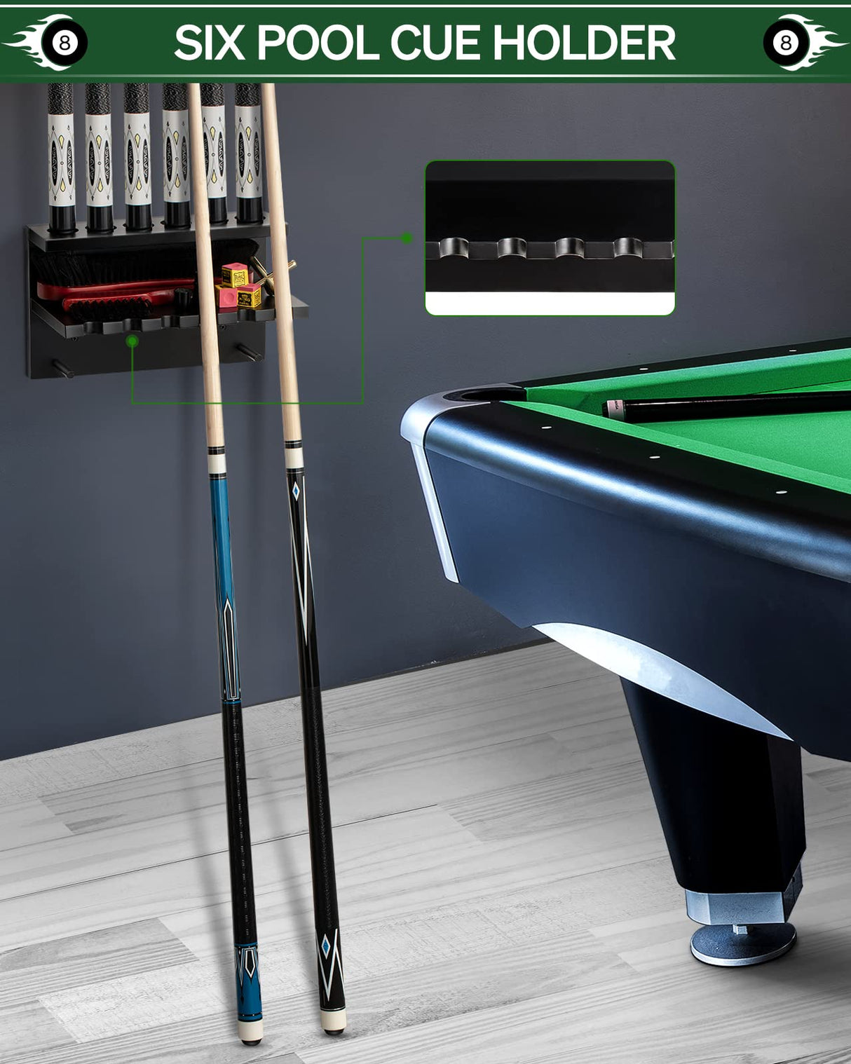 EXTCCT Wall Mount Pool Stick Holder - Billiards Pool Cue Rack Hardwood Pool Cue Set Holder for 6 Cues Sticks Storage Pool Table Accessories Equipment Organizer EXTCCT