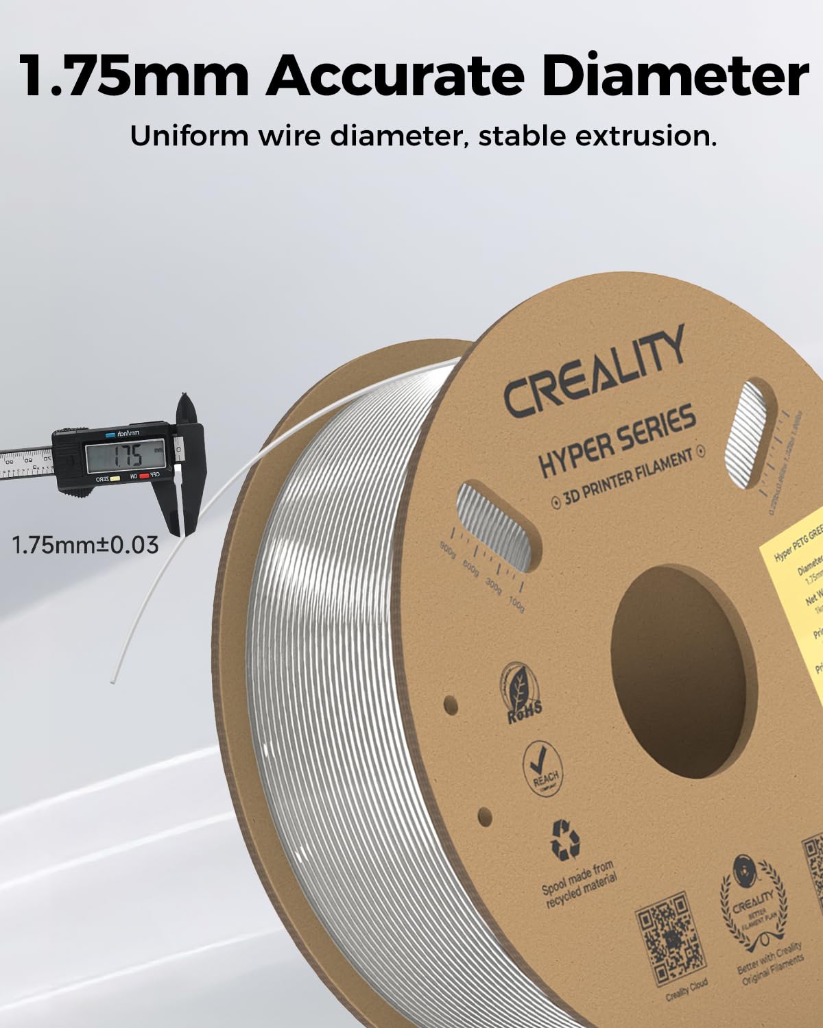 Creality Official Hyper PETG Filament 1.75mm, High Speed 30-600mm/s 3D Printer Filament PETG, Dimensional Accuracy ± 0.03 mm, Fit Most 3D Printers, 1KG(2.2lbs) Spool Transparent Creality