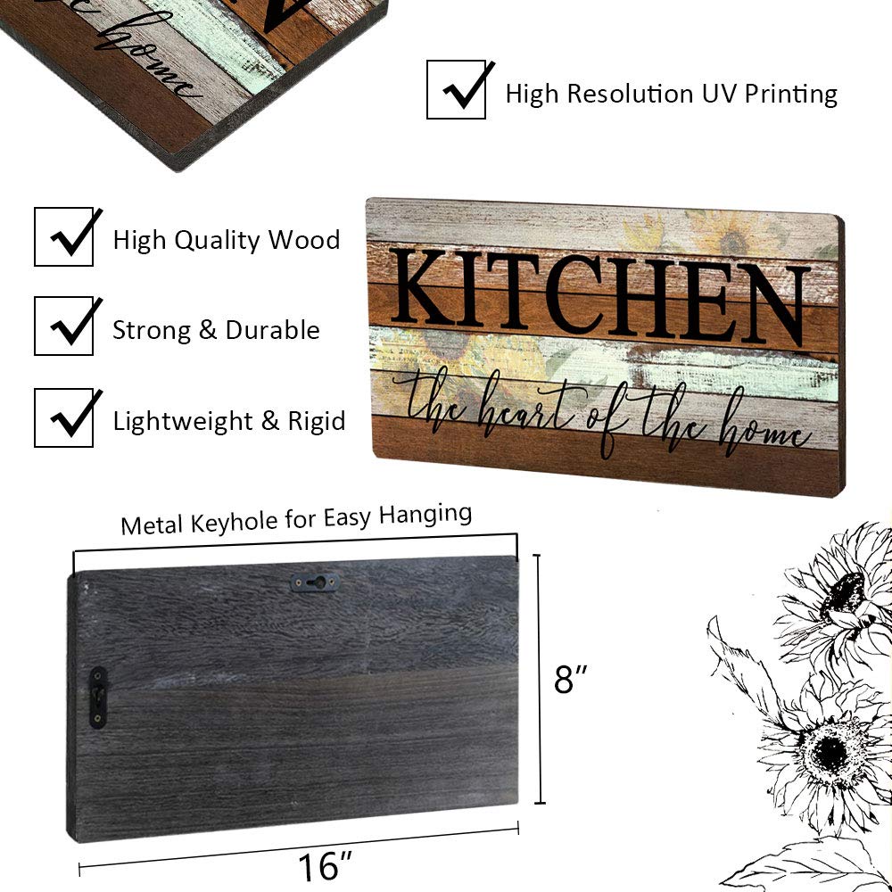 Farmhouse Kitchen Signs Wall Decor Funny Kitchen Wall Art-Kitchen is The Heart of The Home-Sunflower Themed Printed Large Wood Signs Kitchen Wall Decor Home Decorations 16" x 8" SAC SMARTEN ARTS