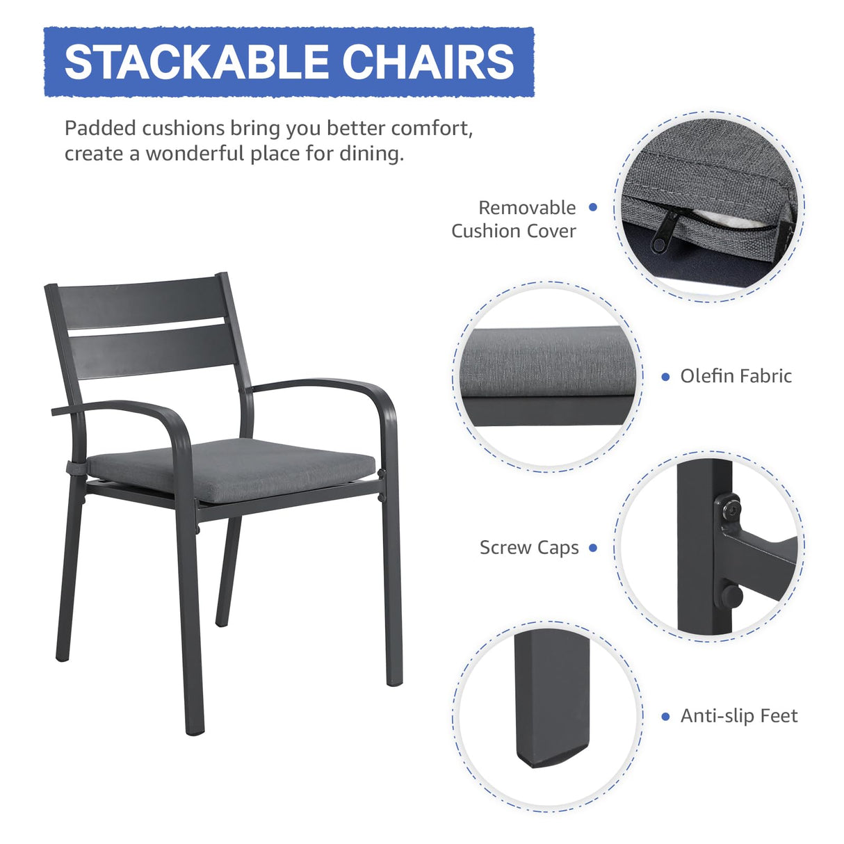 SUNSITT 11-Piece Outdoor Patio Dining Set, 63" - 105" Aluminum Expandable Outdoor Dining Table Set for 10, 10 Stackable Chairs with Gray Removable Cushions SUNSITT