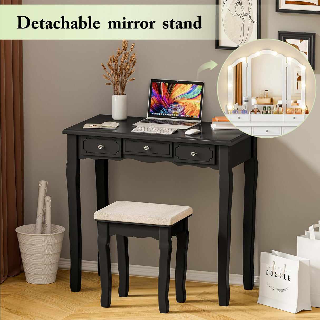 SAYMA Vanity Desk with LED Light and Mirrors, Makeup Table Set with 5 Sliding Drawers & 2 Shelves, 3 Color Lighting Modes and Soft Cushioned Stool for Bedroom, Bathroom (Black) SAYMA