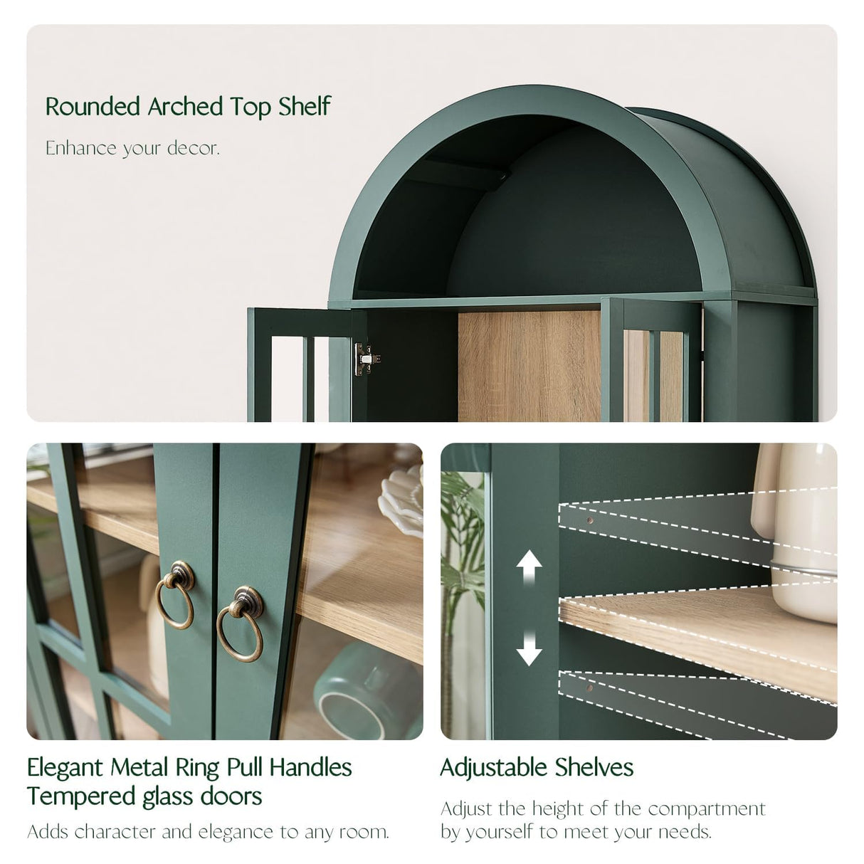 RowyPoey Farmhouse Arched Cabinet with Glass Doors, Wood Display Cabinet with Drawer and Adjustable Shelves, 71” Tall Bookshelf Modern China Storage Kitchen Pantry for Living Room,Office (Green) RowyPoey