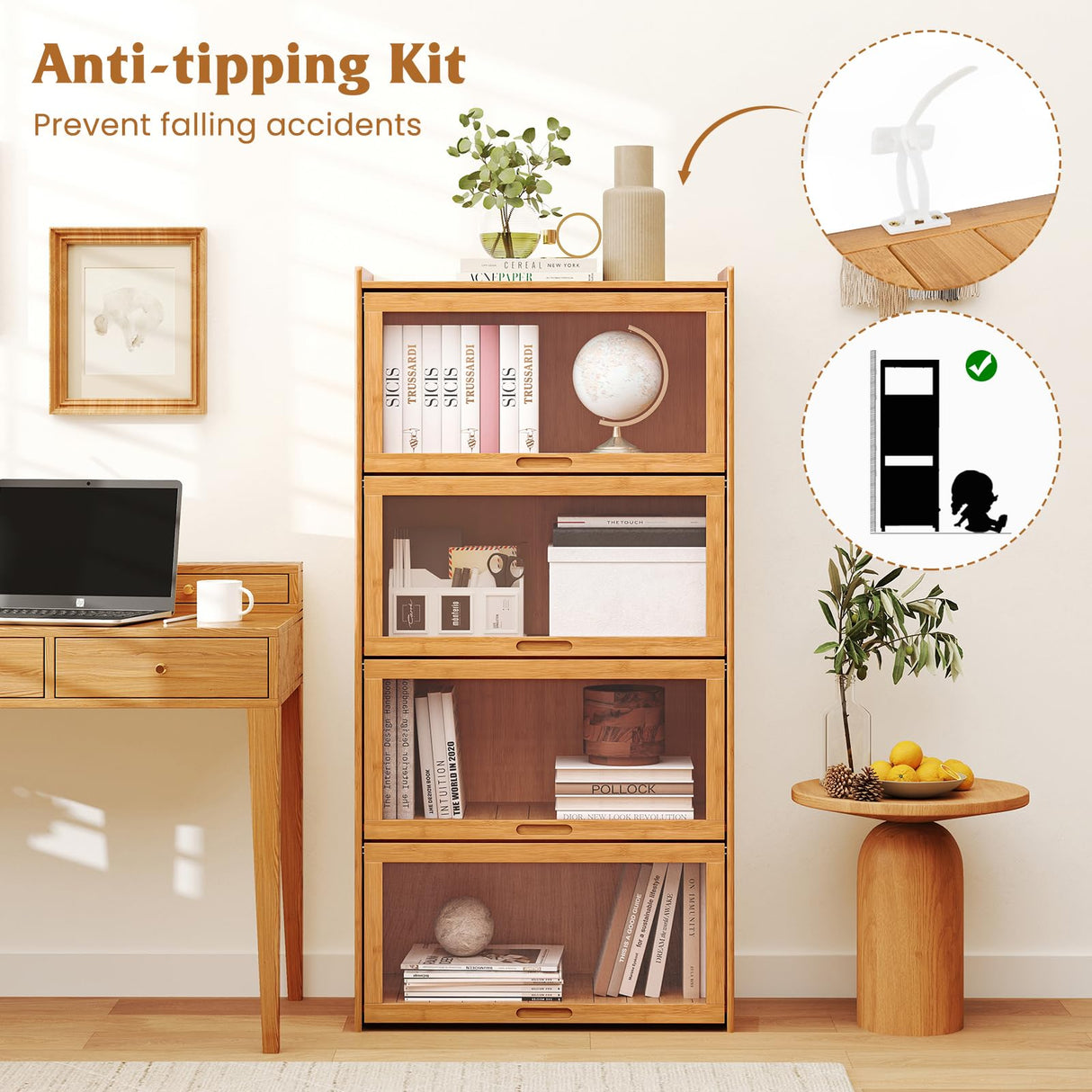 Giantex 4-Tier Bookcase with Clear Doors, 55" Bamboo Bookshelf with Flip-up Acrylic Doors, Freestanding Cube Storage Organizer with Shelves, Wooden Display Cabinet for Living Room, Study (Natural) Giantex