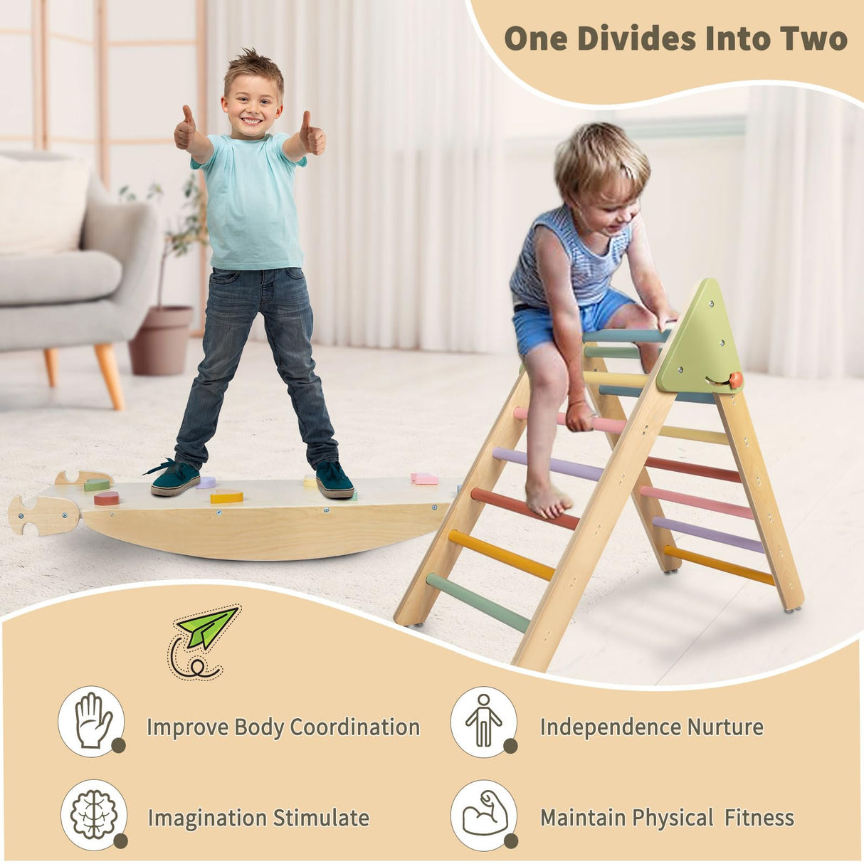 LOL-FUN 4 in 1 Pikler Triangle Set Climber with Ramp & Slide, Large Size Wooden Foldable Toddler Climbing Toys Indoor, Montessori Climbing Toys for Toddlers 1-3 Inside LOL-FUN