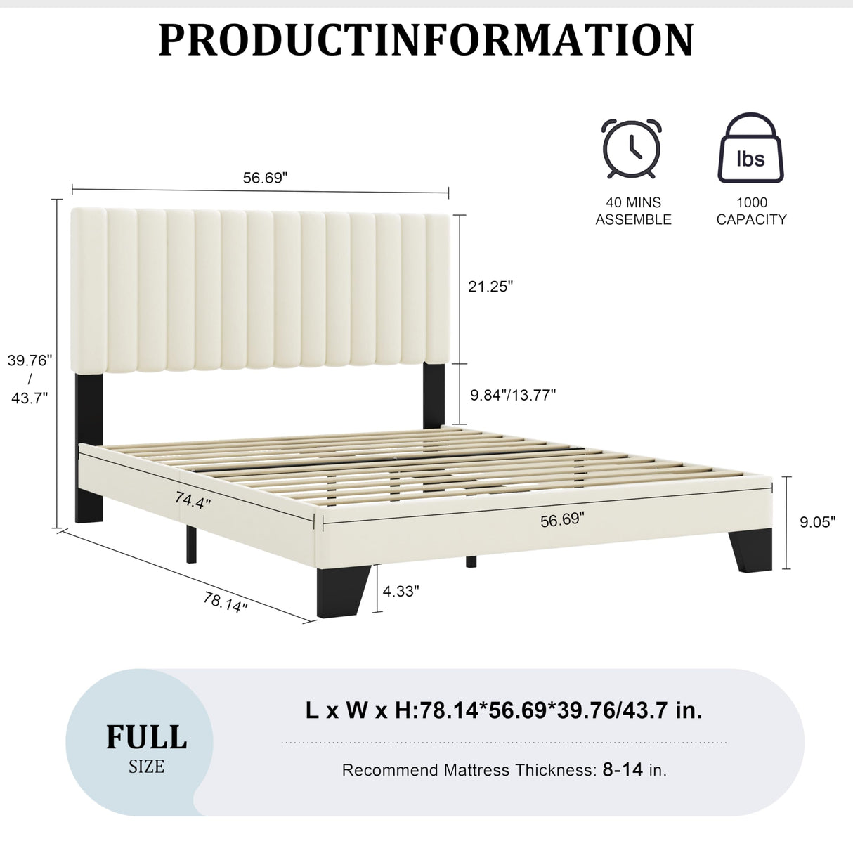 IOILORI Full Size Bed Frame, Velvet Upholstered Platform Bed with Adjustable Tufted Headboard, Sturdy Frame and Slats, No Noiseless, No Box Spring Required, Easy Assembly, Beige IOILORI
