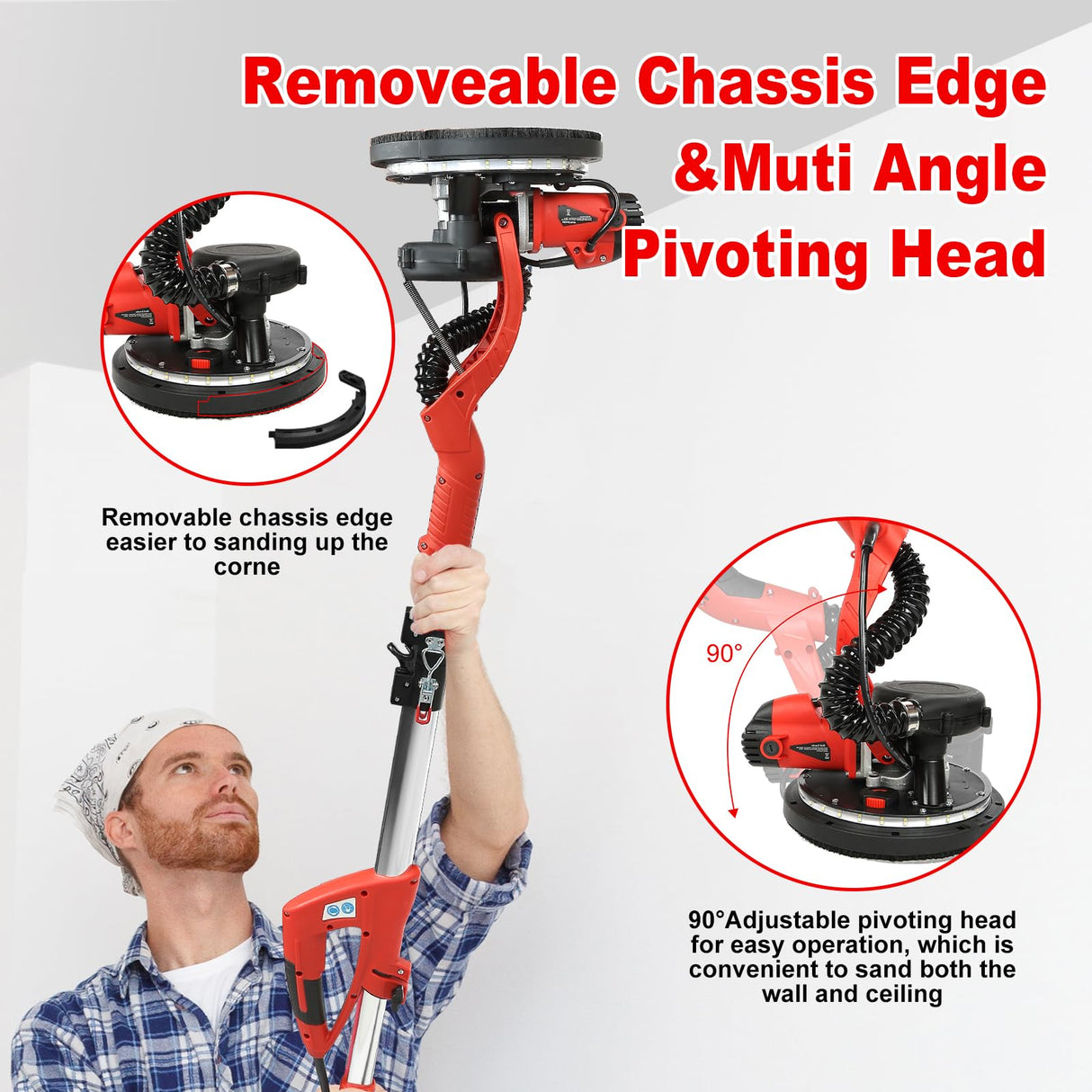 Drywall Sander, 850W Electric Drywall Sander with Vacuum Dust Collection, 7.2A Floor and Popcorn Ceiling Removal Tool, 6 Variable Speed 900-1800RPM, 16 Sanding Discs,Pure-Copper Motor, IP20 Waterproof SFESGRER