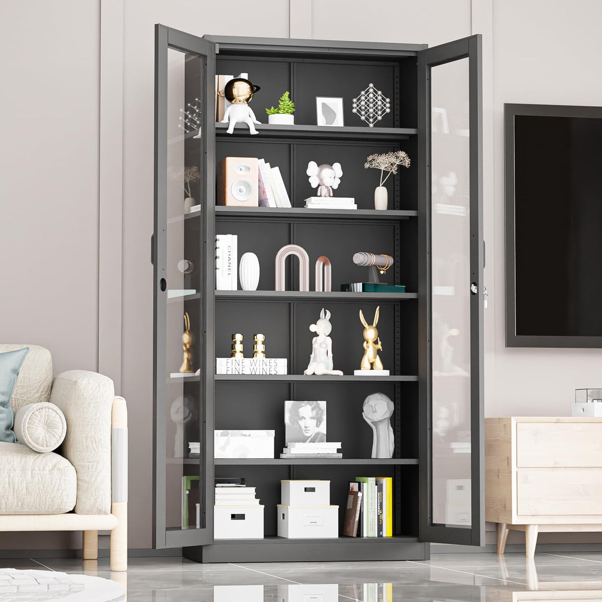 VINGLI Lockable Display Cabinet with Glass Doors & 5 Adjustable Shelves, 71" Tall Black Metal Storage Cabinet, Curio Cabinet Bookshelf Bookcase Liquor Cabinet for Home Office Living Room Pantry Garage VINGLI