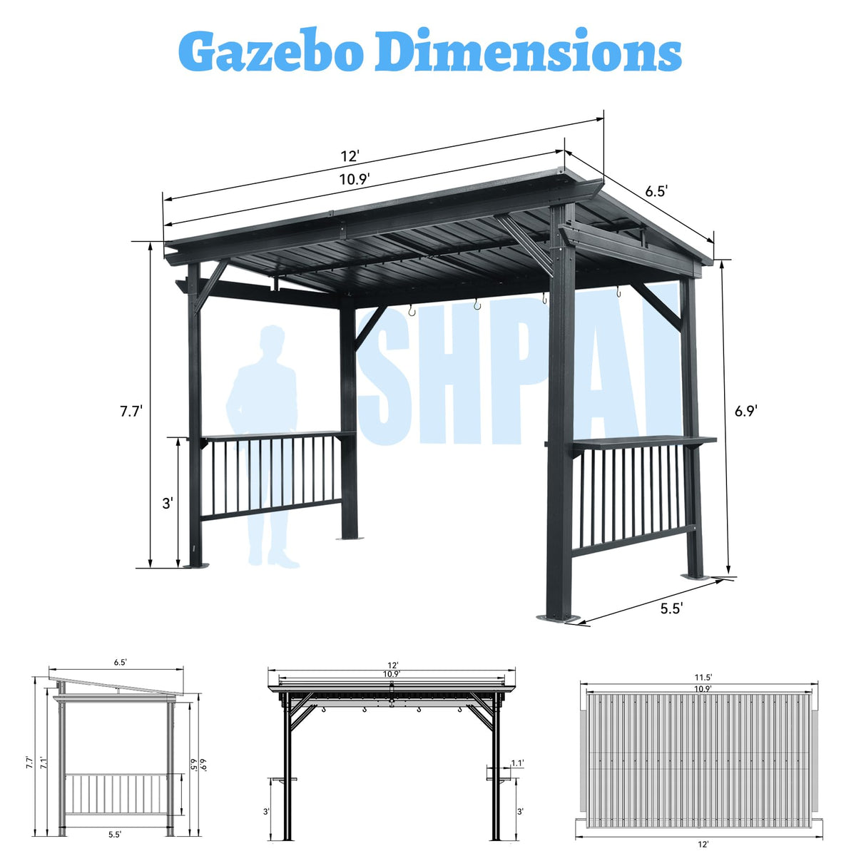 SHPAI 6.5x12FT Hardtop Grill Gazebo, All-Weather Outdoor BBQ Gazebo with 2 Side Shelves and 4 Ceiling Hook, Galvanized Steel Pitched Roof, Outdoor Grill Canopy for Patio, Backyard, Lawn, Deck – Grey SHPAI