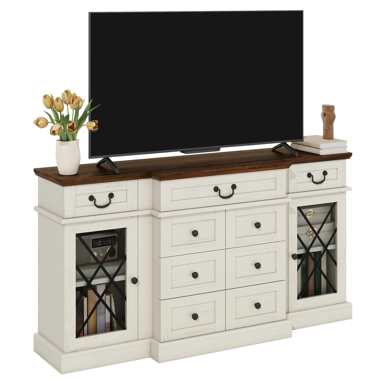 YITAHOME Television Stand for 65/55 Inch TV, Farmhouse TV Stand with 9 Drawers, Adjustable Shelves and Tempered Glass Doors, Entertainment Center TV Media Console for Living Room, Antique White YITAHOME