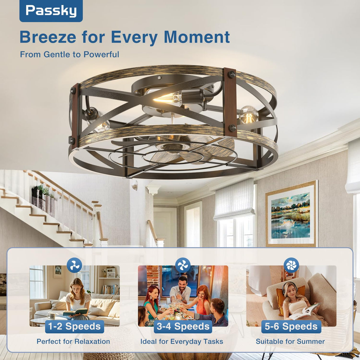 Passky 20" Farmhouse Flush Mount Ceiling Fans with Lights and Remote, Industrial Black Caged Low Profile Fandelier, 6 Speeds Bladeless Ceiling Fan for Bedroom, Kitchen, Living Room Passky