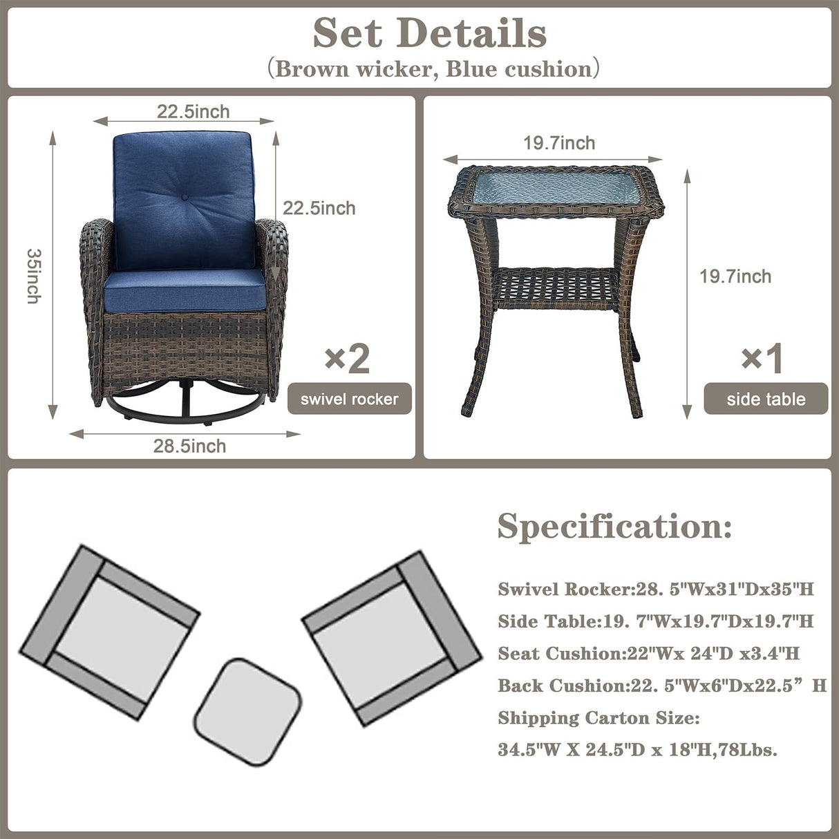 Belord Patio Wicker Chairs Swivel Rocker - Outdoor Swivel Rocking Chairs Set of 2 with Rattan Side Table, Patio Swivel Glider Chair 3 Piece Patio Furniture Sets for Patio Porch Pool Brown/Blue Belord