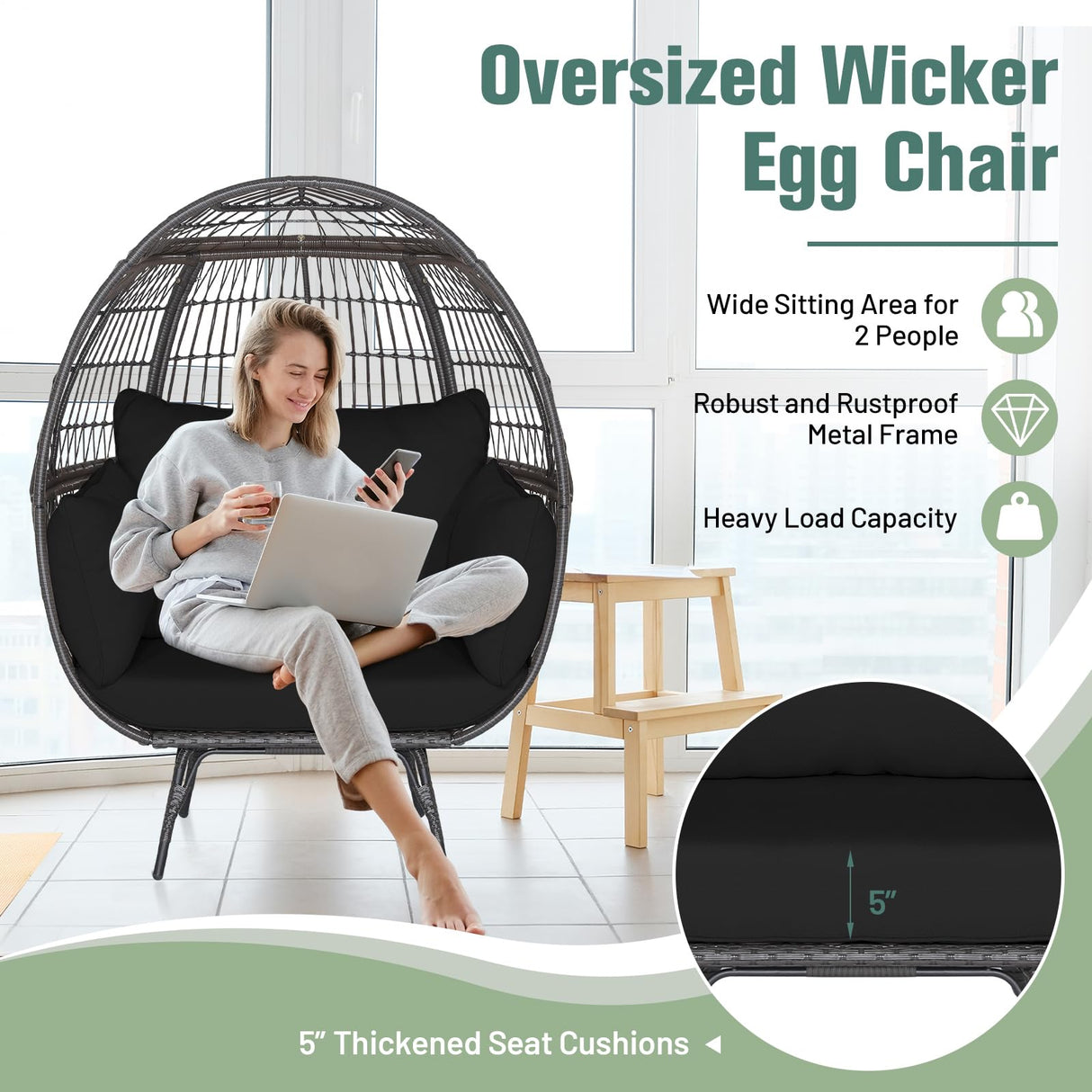 Tangkula PE Wicker Egg Chair, Patiojoy Oversized Indoor Outdoor Patio Lounge Chair with Cushions and Pillows, Steel Frame Basket Chair for Garden, Deck, Balcony, Living Room (Black) Tangkula