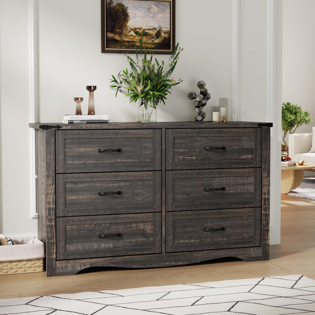 Farmhouse 6 Drawer Dresser for Bedroom, Wood Dresser Chest of Drawers, Wide Dressers Organizer with Metal Handles, Natural Texture Storage Cabinet for Closet, Living Room, Hallway (Dark Rustic Oak) Gyfimoie