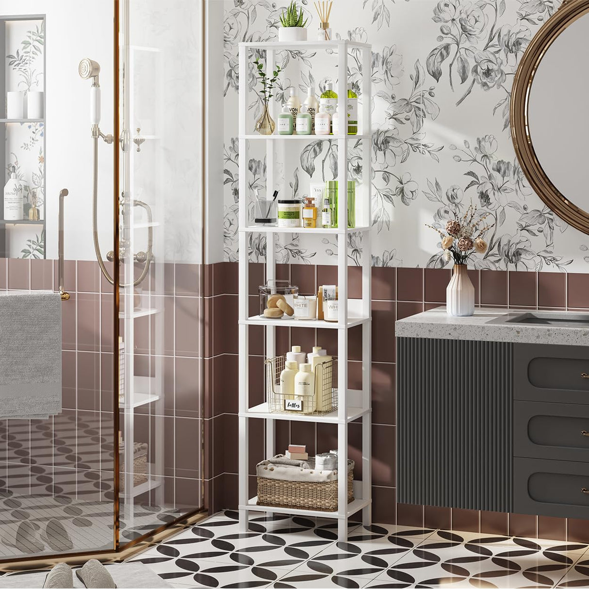 VIMBER 6 Tier Bookshelf with Anti-Fall Baffle, Tall 64.79" Bookcase with DIY Shelves, Industrial Book Shelf Storage Organizer, Display Free Standing Shelf Unit for Bedroom, Living Room, Office, White VIMBER