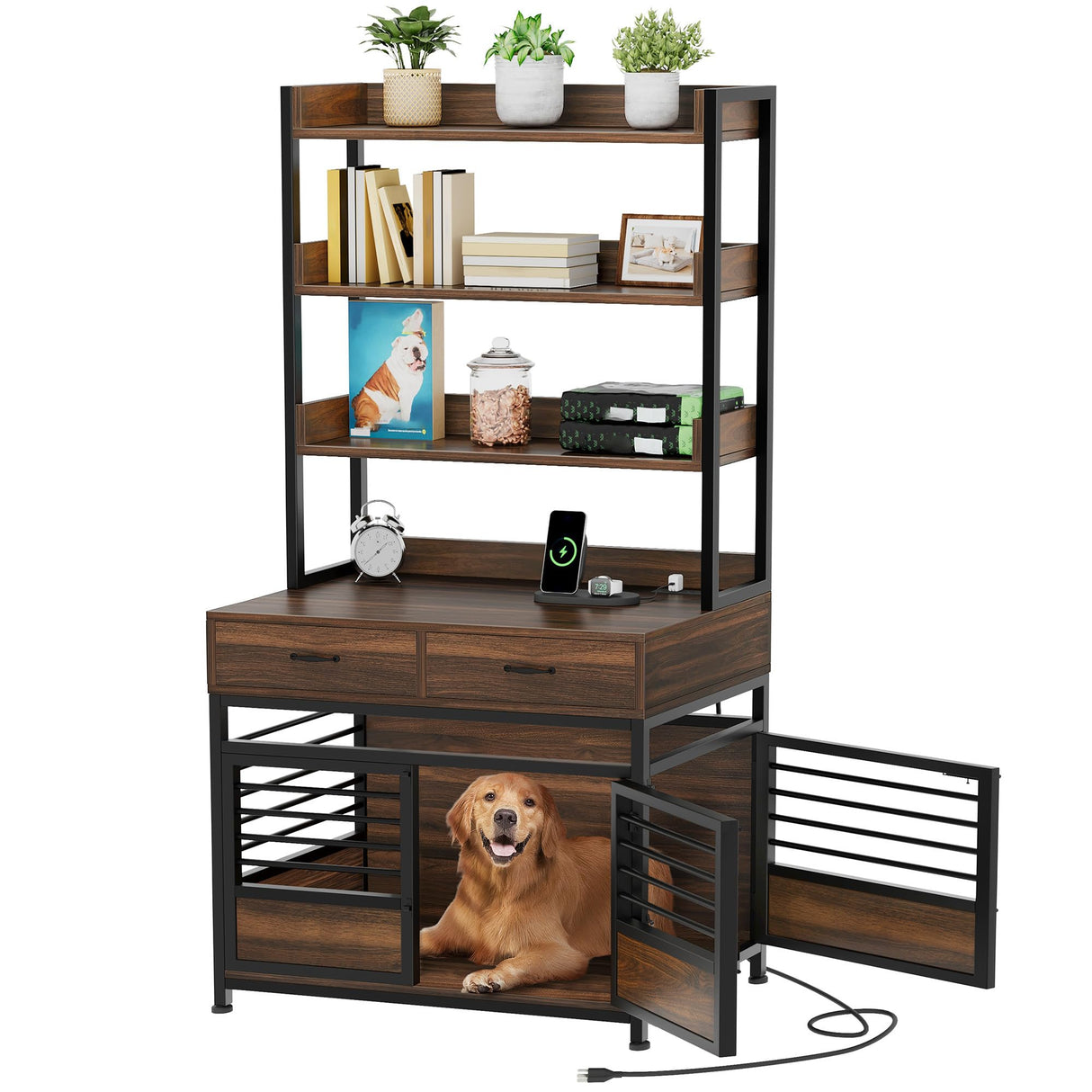 DWVO Dog Crate Furniture with Storage Shelves, Heavy Duty Dog Crate with Drawers & Charging Station, 39 Inch Dog Kennel Indoor Furniture for Large Dogs, Modern Dog Crate with Double Doors, Brown DWVO