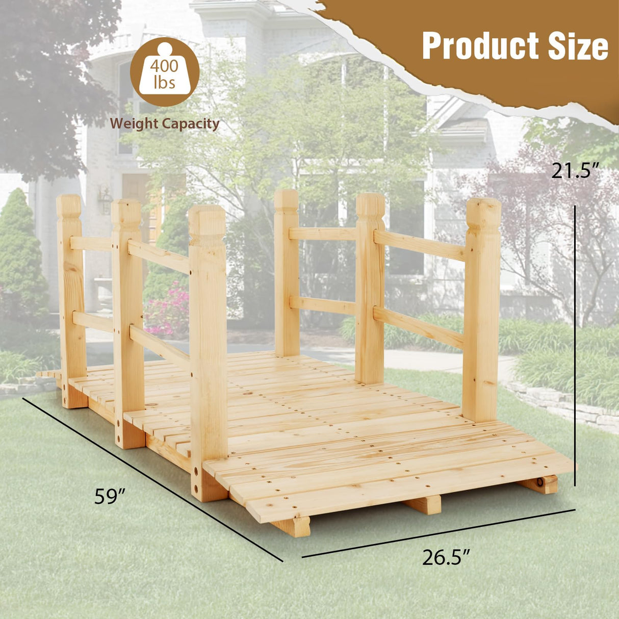 Giantex 5 ft Garden Bridge - Natural Wood Arc Footbridge Walkway with Side Railings, Decorative Wooden Bridge Landscaping for Backyard Farm Garden Creek Pond Decor, Easy to Assemble (Natural) Giantex