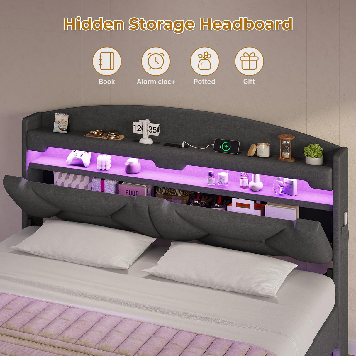 BTHFST King Size Floating Bed Frame with Power Outlet, Storage Headboard with Hidden Cubby, RGB Floating Platform Bed with LED Lights, No Box Spring Needed, Quick Setup System, Dark Grey BTHFST