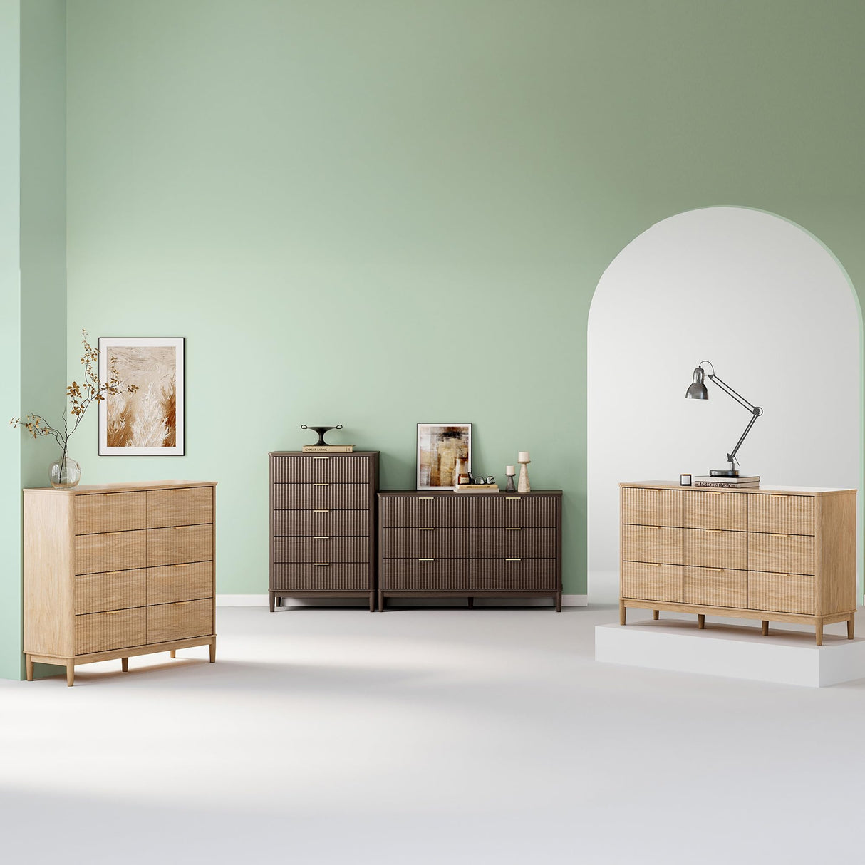 LINSY Fluted 9 Drawer Dresser for Bedroom, 58" Wide Mid-Century Modern Tall Chest of Drawers, Deep Storage Dresser with Curved Corner Design, Large Accent Wood Cabinet for Bedroom, Oak LINSY