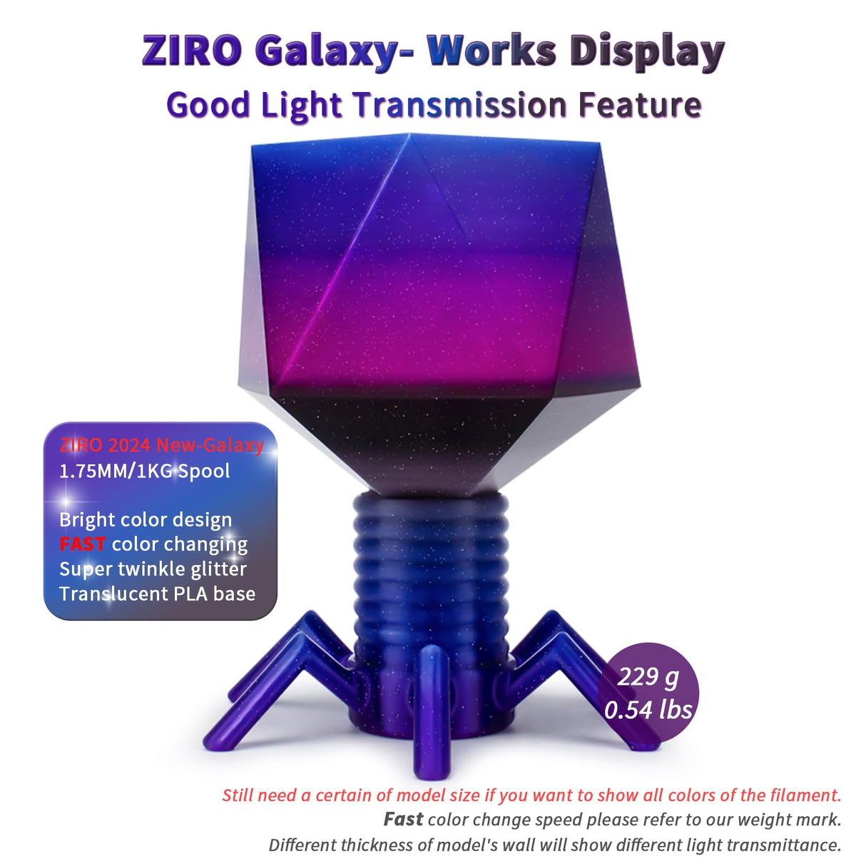 ZIRO Fast Color Changing Twinkling PLA, 1.75mm Filament, Sparkle Glitter with Colorful Transluent PLA, 3D Printing Material,1kg Spool, Dimensional Accuracy +/-0.03mm, Galaxy ZIRO