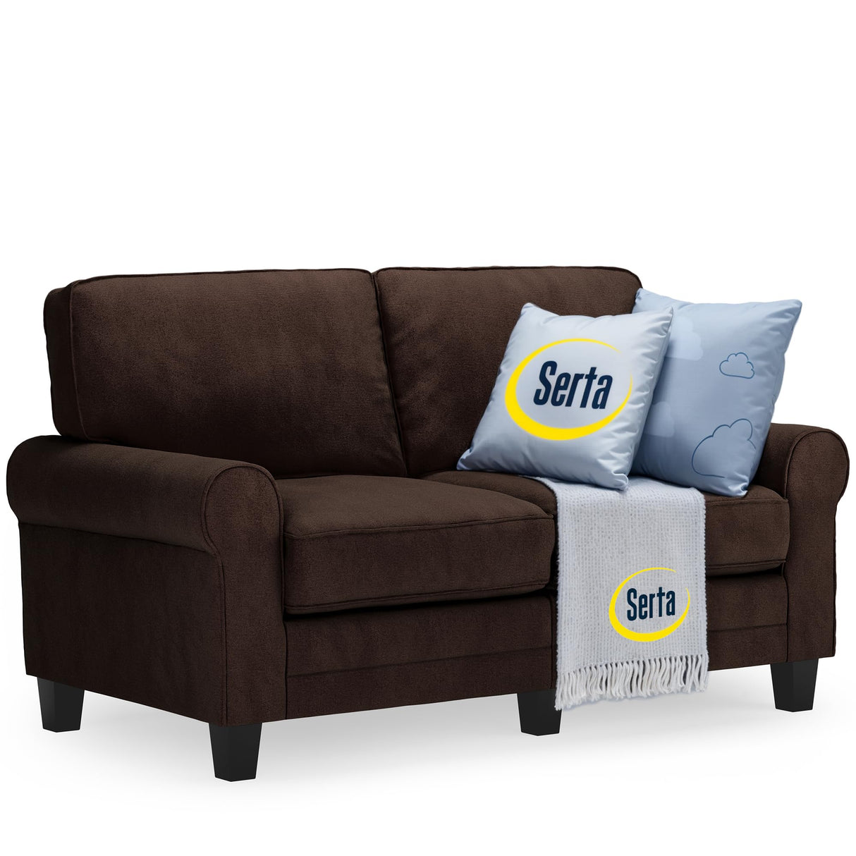 Serta Copenhagen Rolled Arm Sofa, Easy Care Polyester, Soft Pillow Back, Pocket Coil Seat Cushions, Removable Covers, Couch for Small Spaces, Living Rooms or Bedrooms, 61" Loveseat, Brown Serta