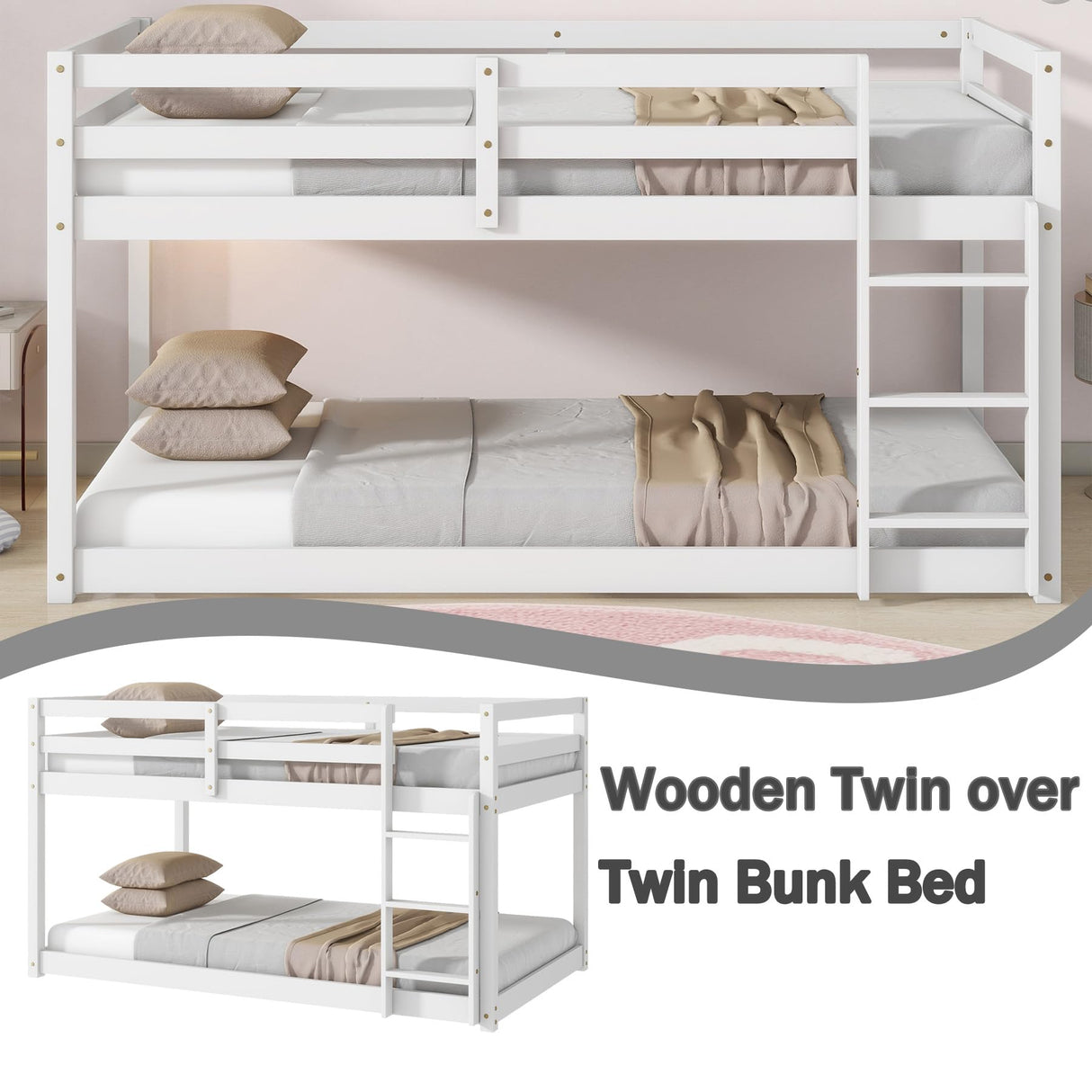 Anwick Low Bunk Bed Twin Over Twin, Floor Bunk Bed with Stairs, Twin Bunk Bed with High Rails Guardrail, Wooden Bunk Beds for Kids Girls Boys, No Box Spring Needed (White) Anwick