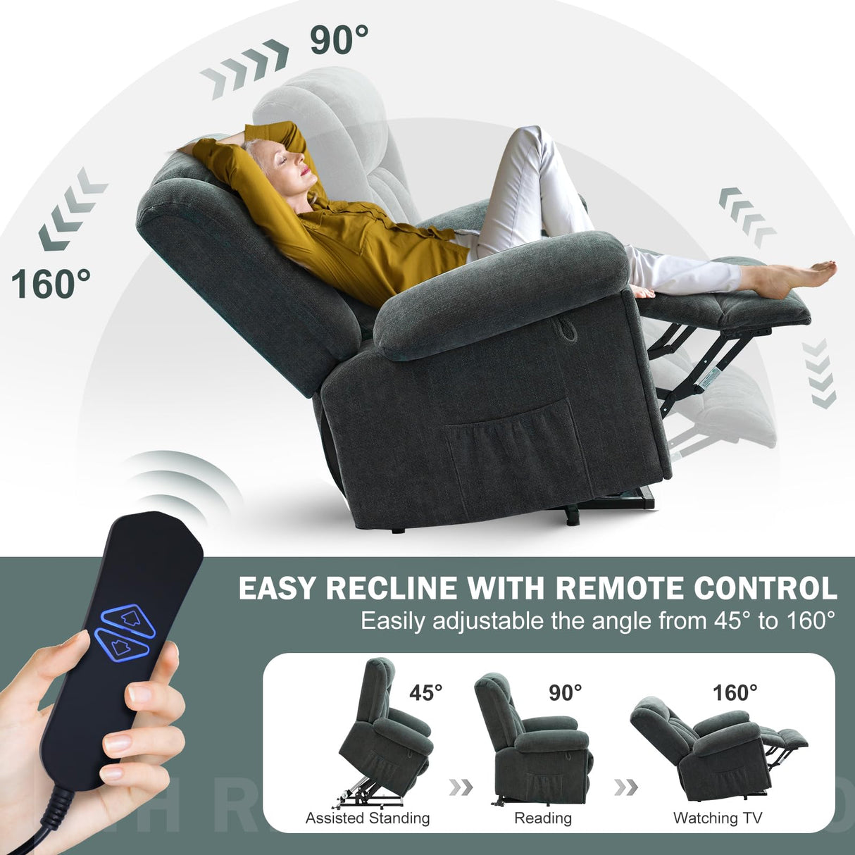 SENYUN Electric Power Lift Recliner Chair for Elderly with Heat & Massage, Chenille Large Reclining Chairs w/2 Concealed Cup Holders for Seniors Home Living Room,1PC,Grey Blue SENYUN