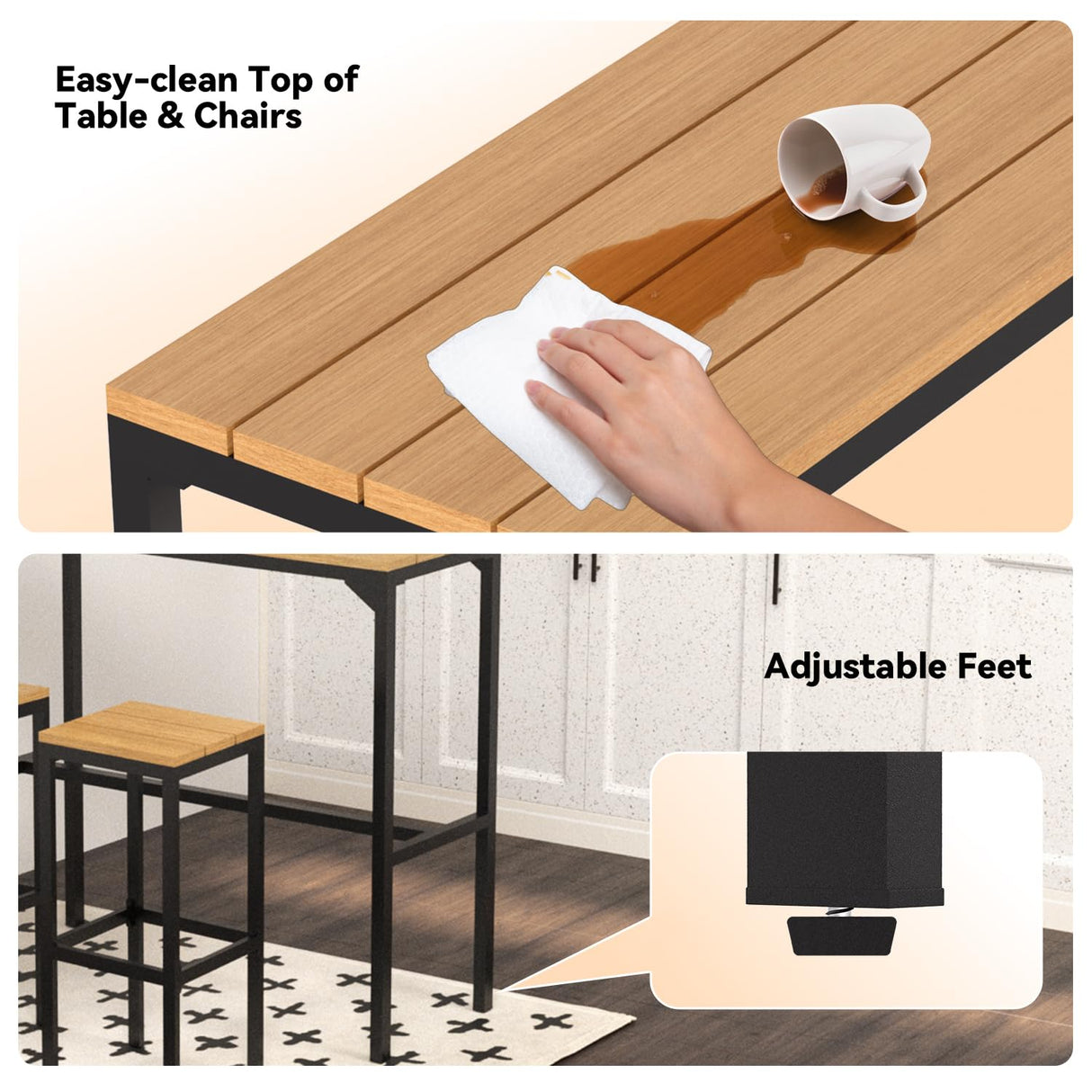 AECOJOY 3-Piece Outdoor Bar Set, Patio Bar Height Table and Chairs Set 47" Rectangular Pub Height Bar Table with 2 Bar Stools Patio Pub Bar Set for Balcony, Porch AECOJOY
