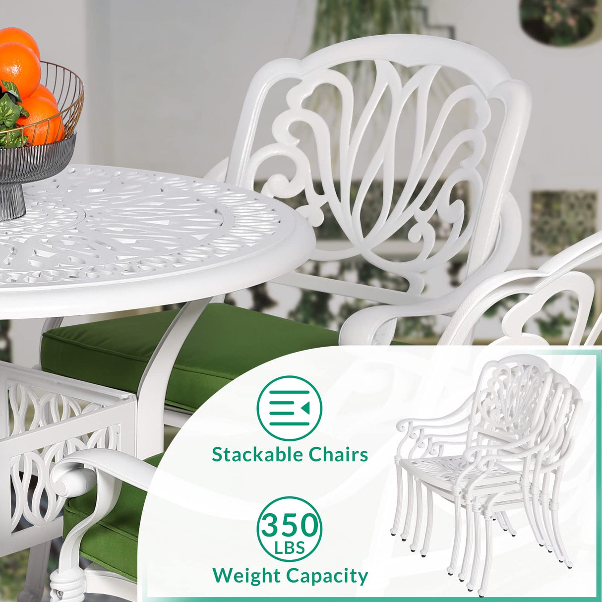 VIVIJASON 5-Piece Patio Furniture Dining Set, All-Weather White Cast Aluminum Outdoor Conversation Set, Include 4 Cushioned Chairs and a 35.4" Round Table w/Umbrella Hole for Balcony Lawn Garden VIVIJASON