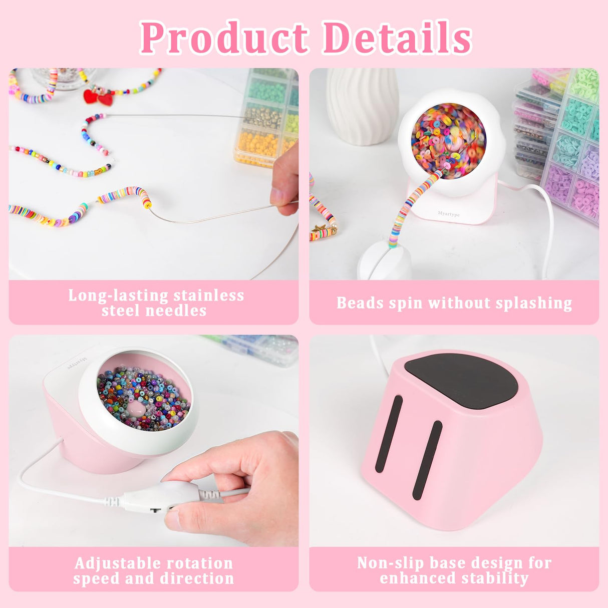 Myartype Clay Bead Spinner and Seed Bead Spinner, 2-in-1 Electric Bead Spinner for Jewelry Making, Bracelet Spinner and Necklace Making Machine with Bead Needles and Thread (Pink) Myartype