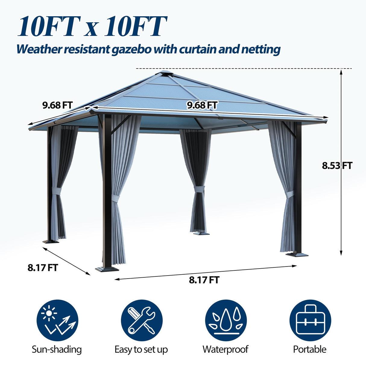 COVERONICS 10FT x 10FT Patio Polycarbonate Hardtop Gazebo with Steel Frame - Outdoor Translucent Roof Gazebo with Breathable Netting & Shaded Curtains for Porch, Lawn, Garden, Backyard, Poolside COVERONICS