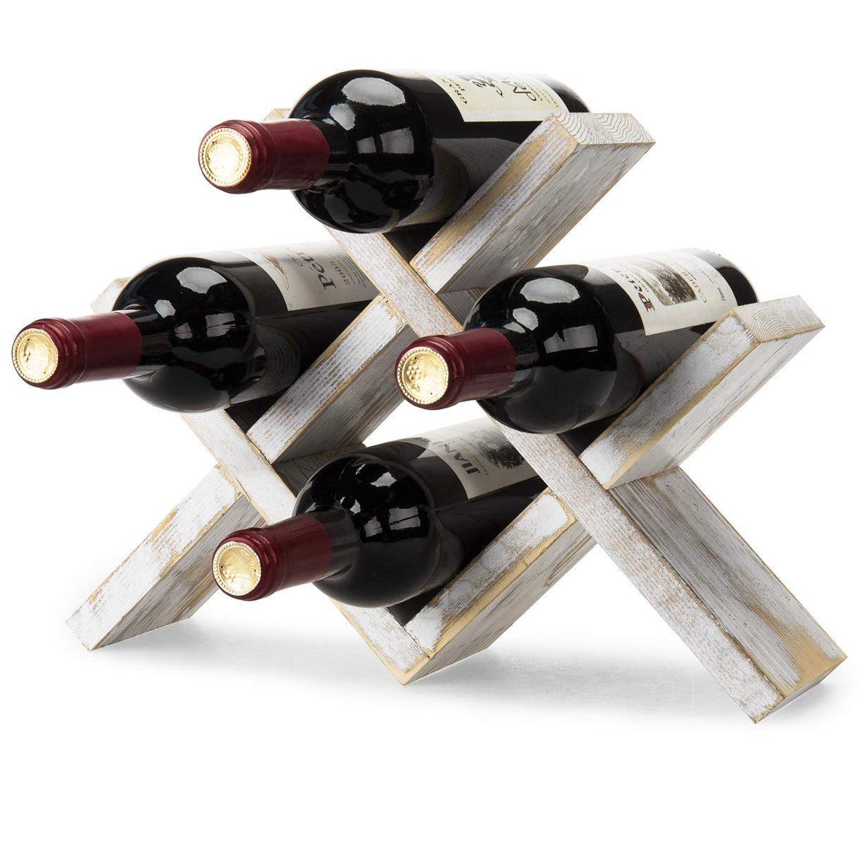 MyGift 4-Bottle Whitewashed Rustic Wood Countertop Wine Storage Rack MyGift
