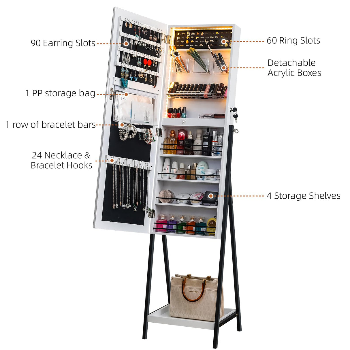 Bonnlo Jewelry Cabinet Full-Length Mirror, Lockable Jewelry Armoire with LED Light, Freestanding Jewelry Box, Large Capacity Organizer with Cosmetic Storage Shelves Bonnlo