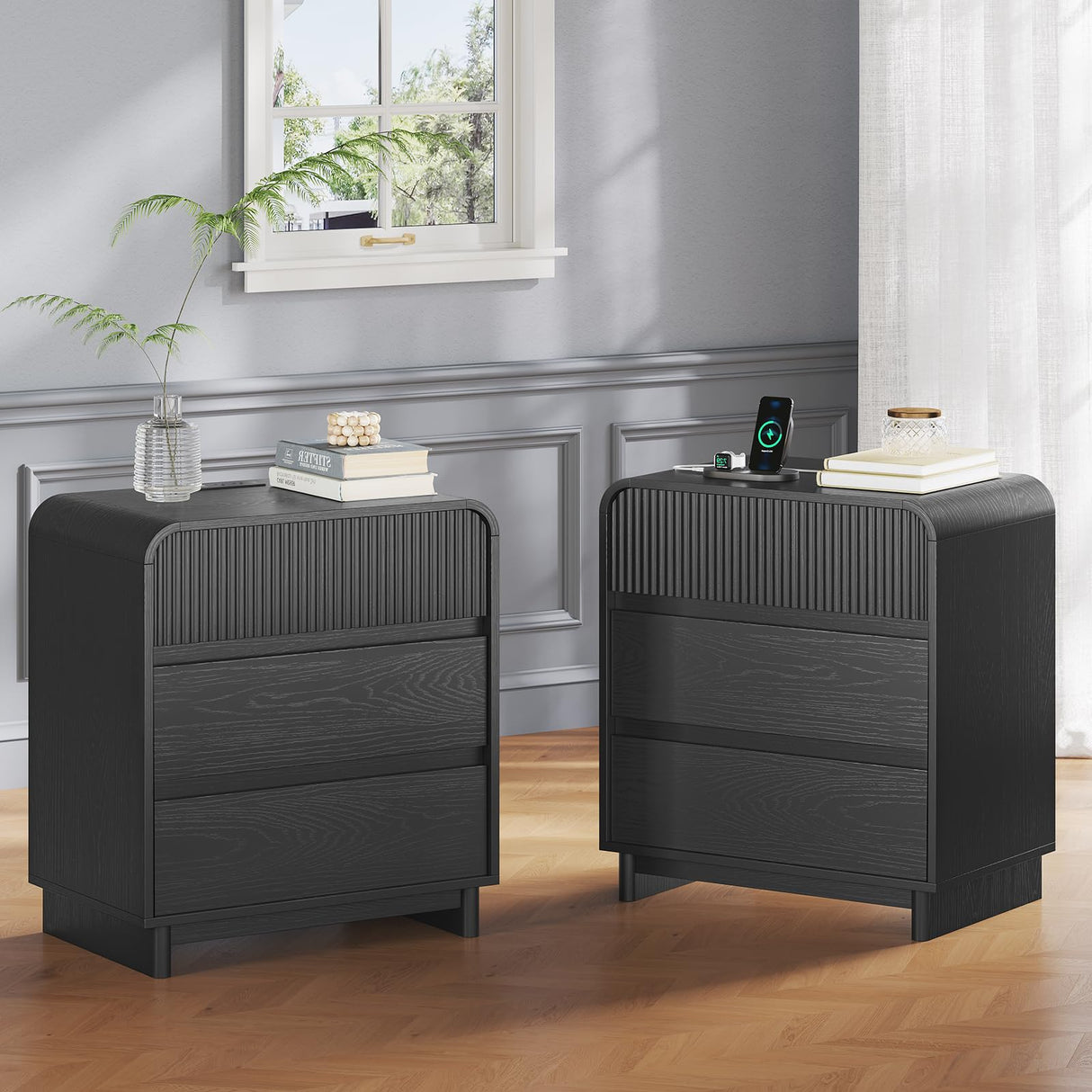 Fluted Nightstands Set of 2 with Charging Station, Black Night Stand with 3 Drawers Dresser, Bedside Table Curved Anti-Collision Design, Modern End Table for Bedroom AOGLLATI