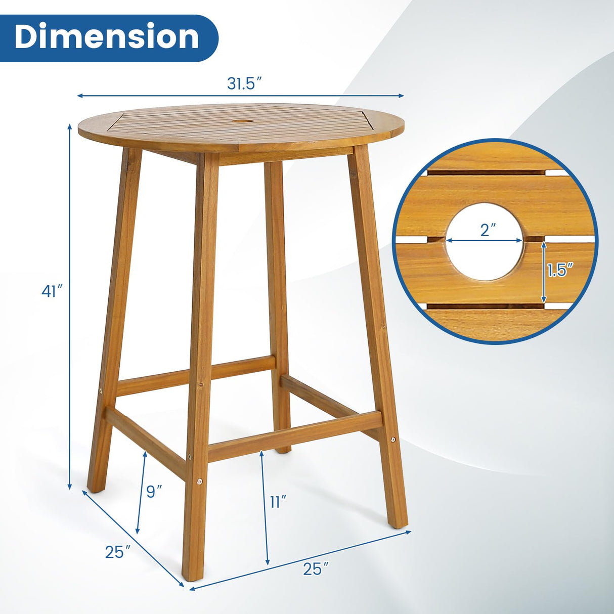 HAPPYGRILL 31.5” Round Bar Table, Bar Height Table with Umbrella Hole & Slatted Tabletop, Acacia Wood Patio Bistro Table, Side Table for Indoors Outdoors HAPPYGRILL
