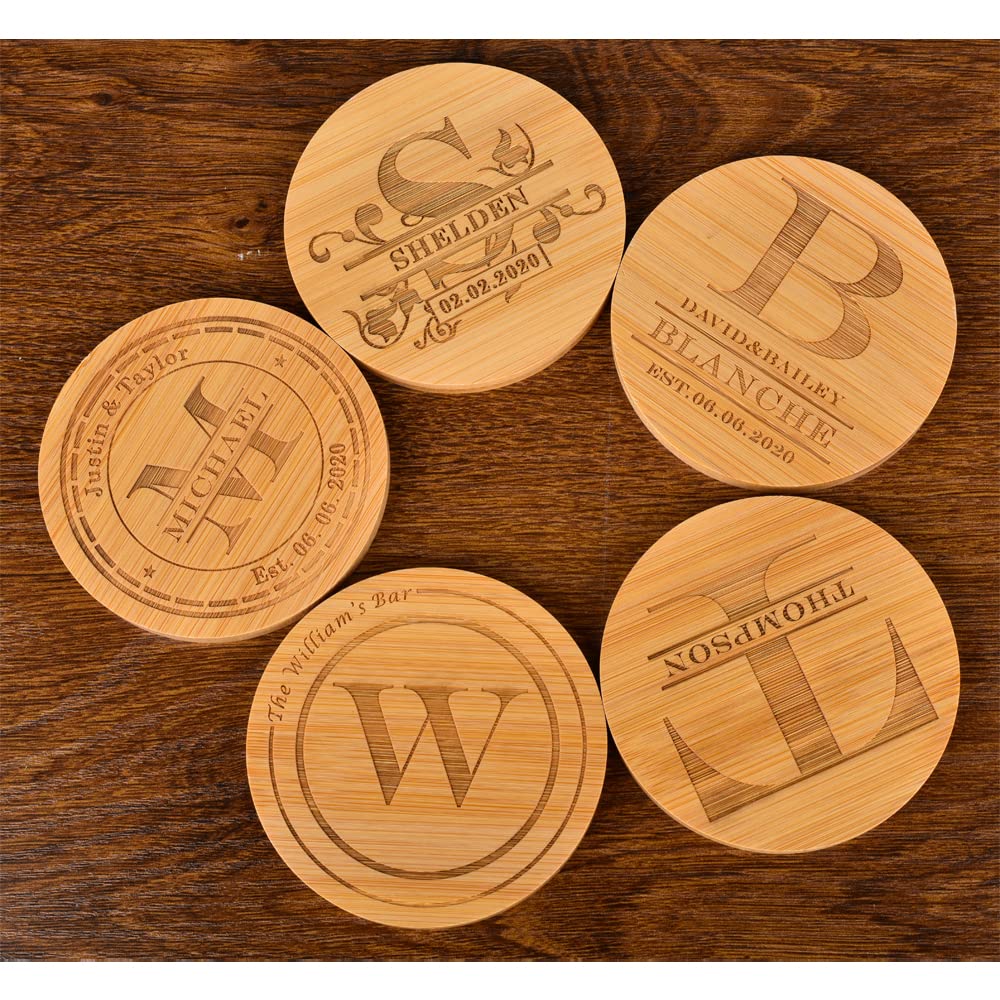 Personalized Coasters, Custom Engraved Coasters, Bamboo Coasters for Drinks, Monogram Coasters with Holder, Great Gifts for Relatives, Friends or Yourself (M, Set of 4) Mojia