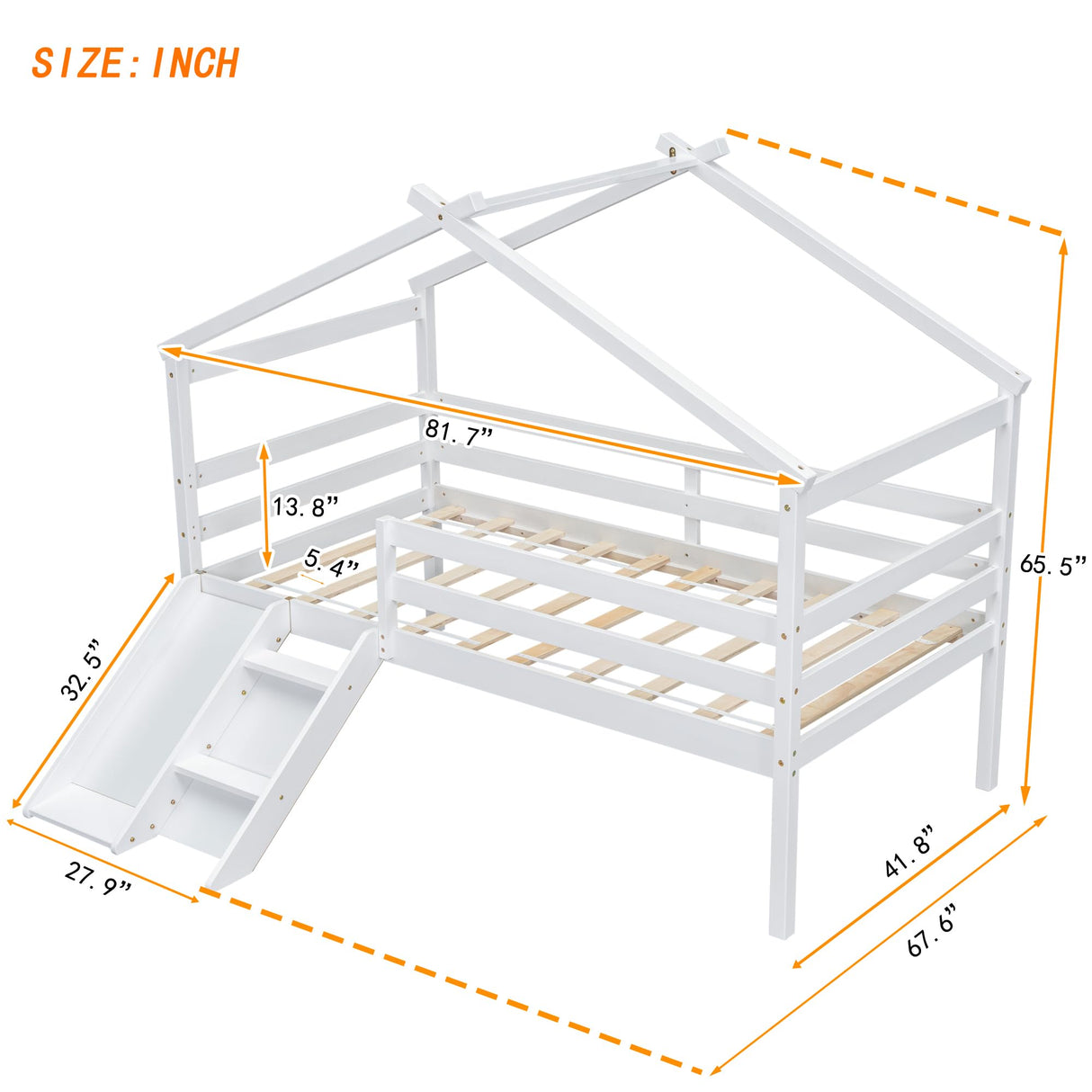 PVWIIK Twin Size Low Loft Bed with Slide for Kids,Girls,Boys Bedroom,Wood House Roof Frame with Inclined Ladder,Easy to Assemble,Under Bed Storage,No Box Spring Needed,White PVWIIK