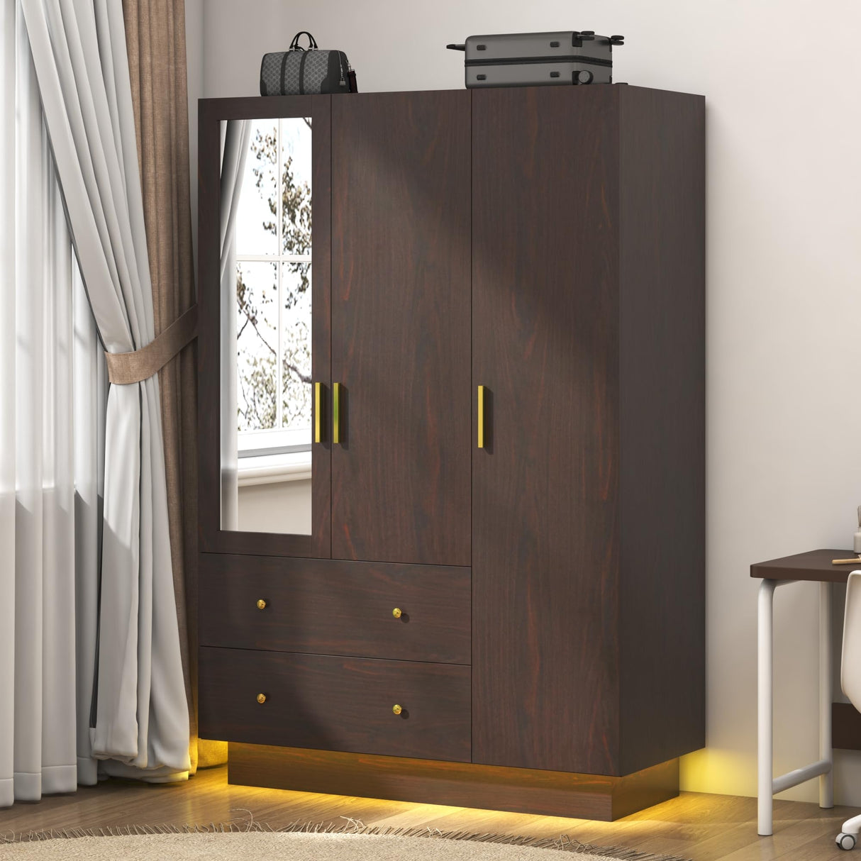 3 Door Wardrobe Closet with Mirror & LED Lights, Bedroom Armoire with Drawers & Shelves, Farmhouse Wooden Armoire Wardrobe Closet with Hanging Rod for Bedroom, Brown jiteentarou