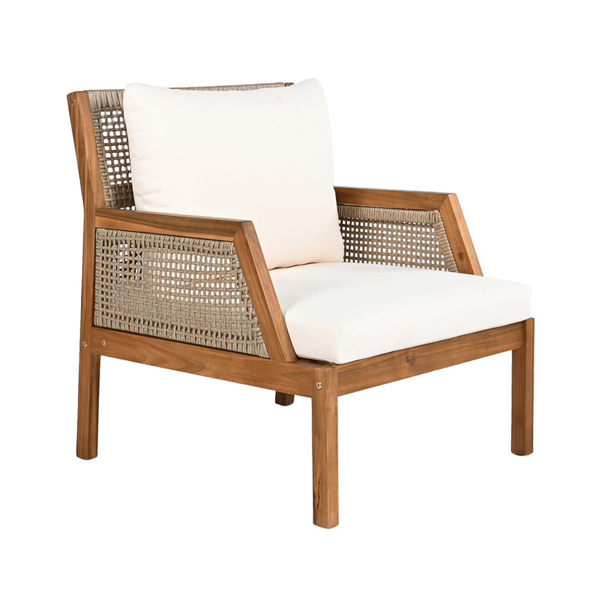 Christopher Knight Home Lena Patio Accent Chair, Acacia Wood Club Chair, Wicker Backrest Armchair, Upholstered Cushion Seating, Wooden Chairs for Balcony Backyard Garden, 23.5" 400lbs Teak+Cream Christopher Knight Home