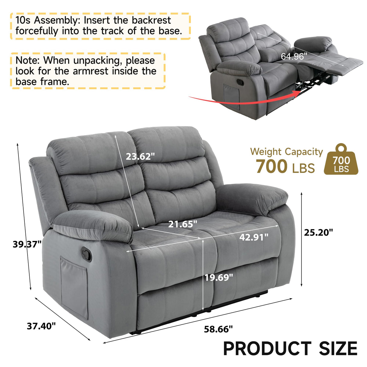 GNMLP2020 Reclining Loveseat Recliner Sofa Couch 2 Seater with Side Pocket, Velvet Double Wall Hugger Loveseat Recliner Sofas for Living Room, RV, Home Theater(Loveseat, Grey) GNMLP2020