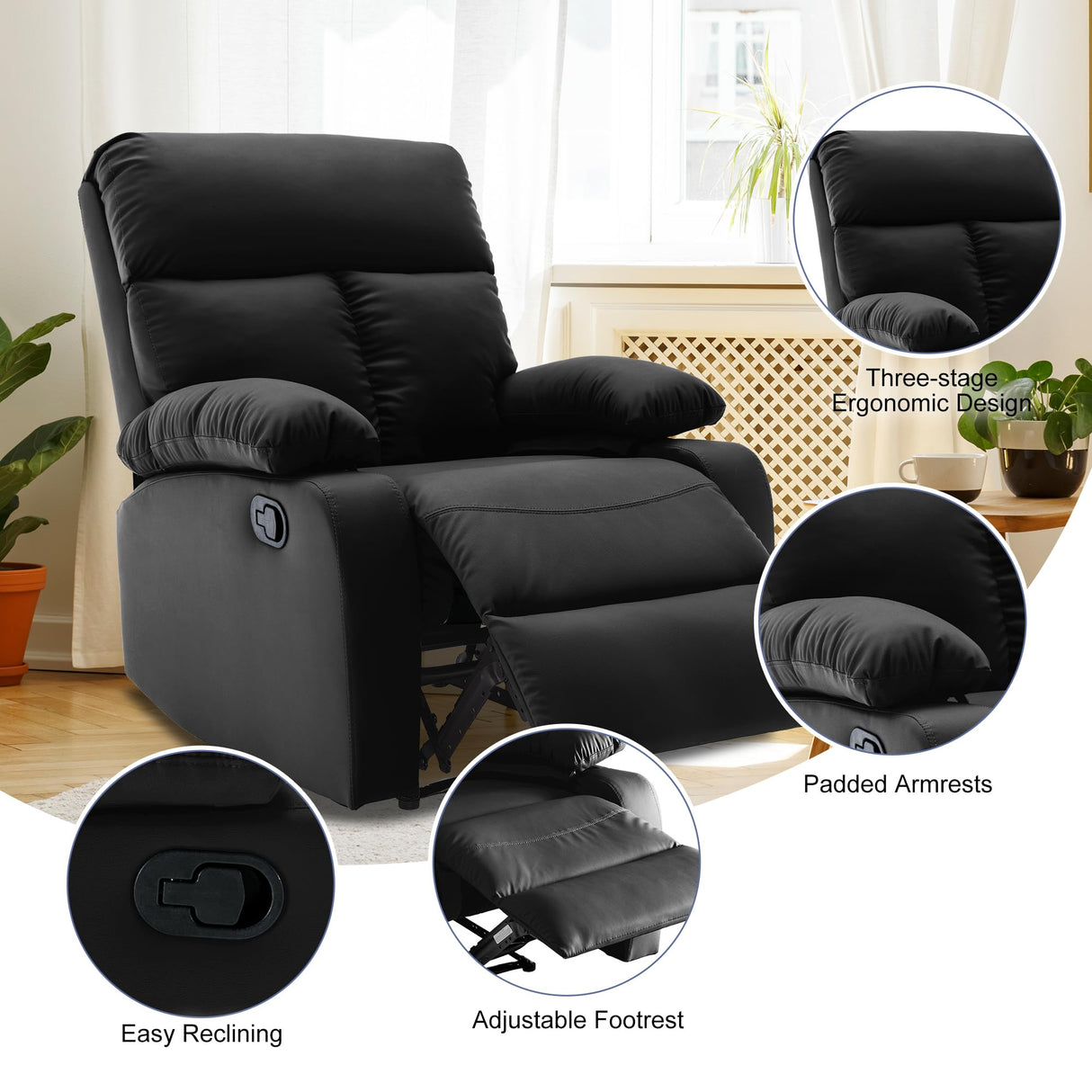 GNMLP2020 Manual Recliner Chairs for Adults, Anti-Scratch Leather Single Sofa Recliner Chairs,Small Recliner Chair for Small Space, RV, Living Room, Black GNMLP2020