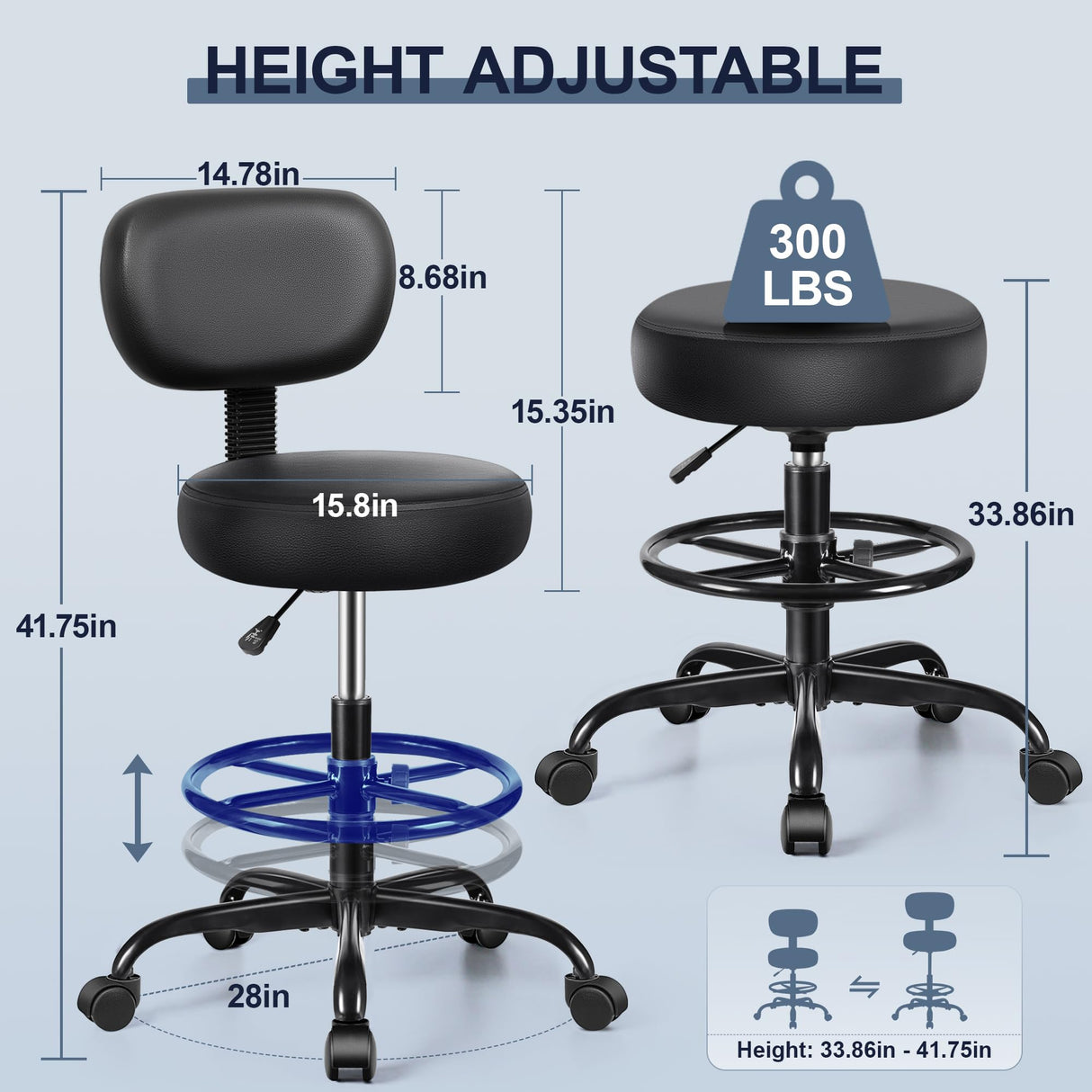 Brick Attic Drafting Chair with Backrest – Adjustable Foot Rest Rolling Stool with Wheels, PU Leather Swivel Stool for Office Spa Studio Lab Counter Salon Home Work Bar Kitchen Shop(Black) Brick Attic