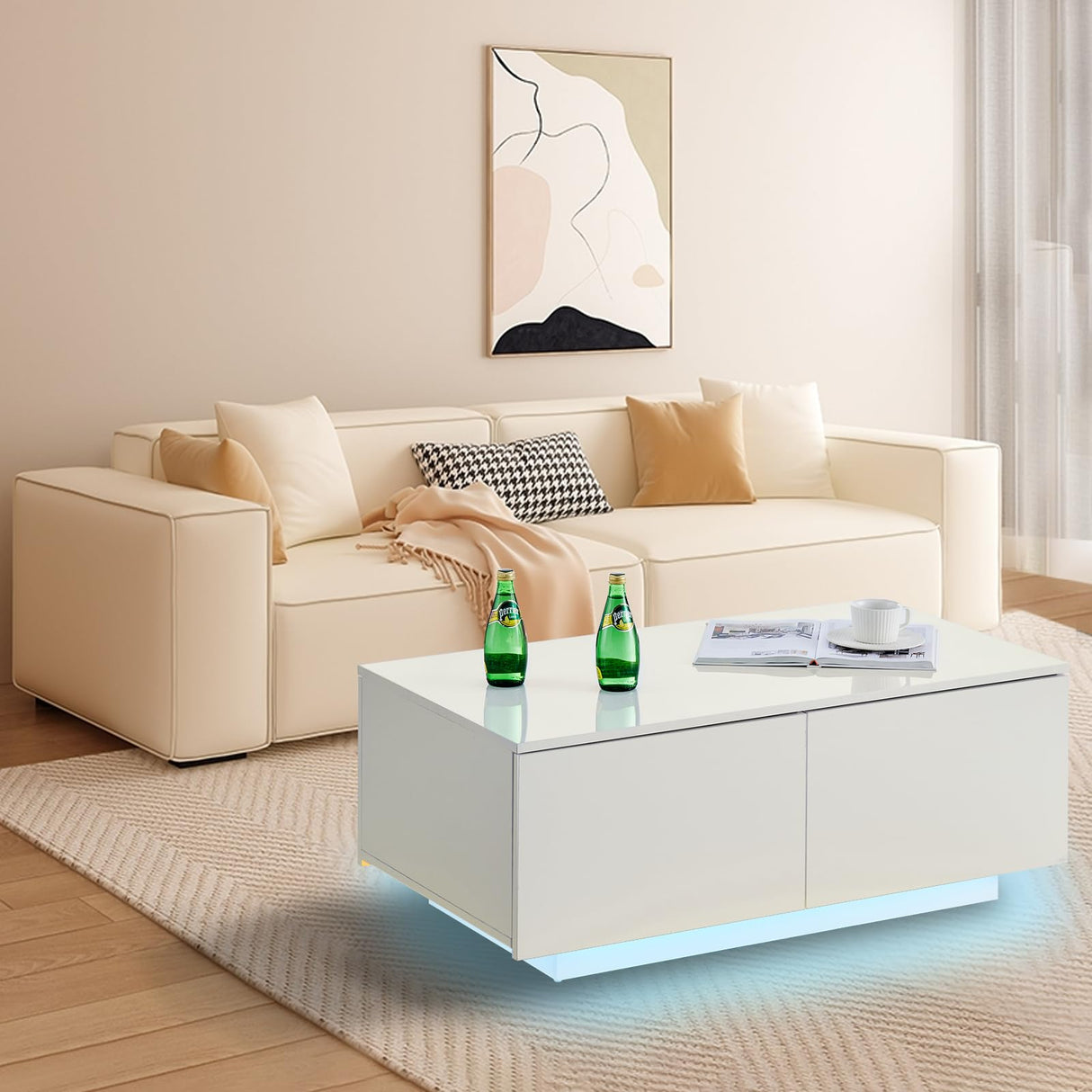 TUKAILAi Coffee Table with 4 Drawers, LED Lights & Power Strip Modern Minimalist Rectangle Coffee Table for Home Living Room Office (White) TUKAILAi